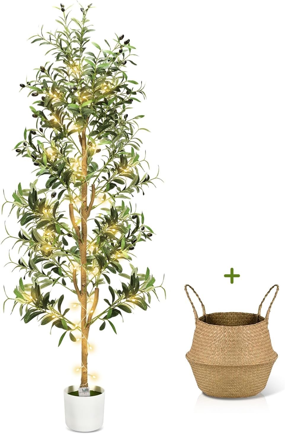 Olive Trees Artificial Indoor 6Ft Tall Faux Plants Large Fake Olivos Tree | Dynamic Lighted Decor,With White Planter & Woven Basket,Realistic Branches and Fruits For Home Hotel Lobbies Office