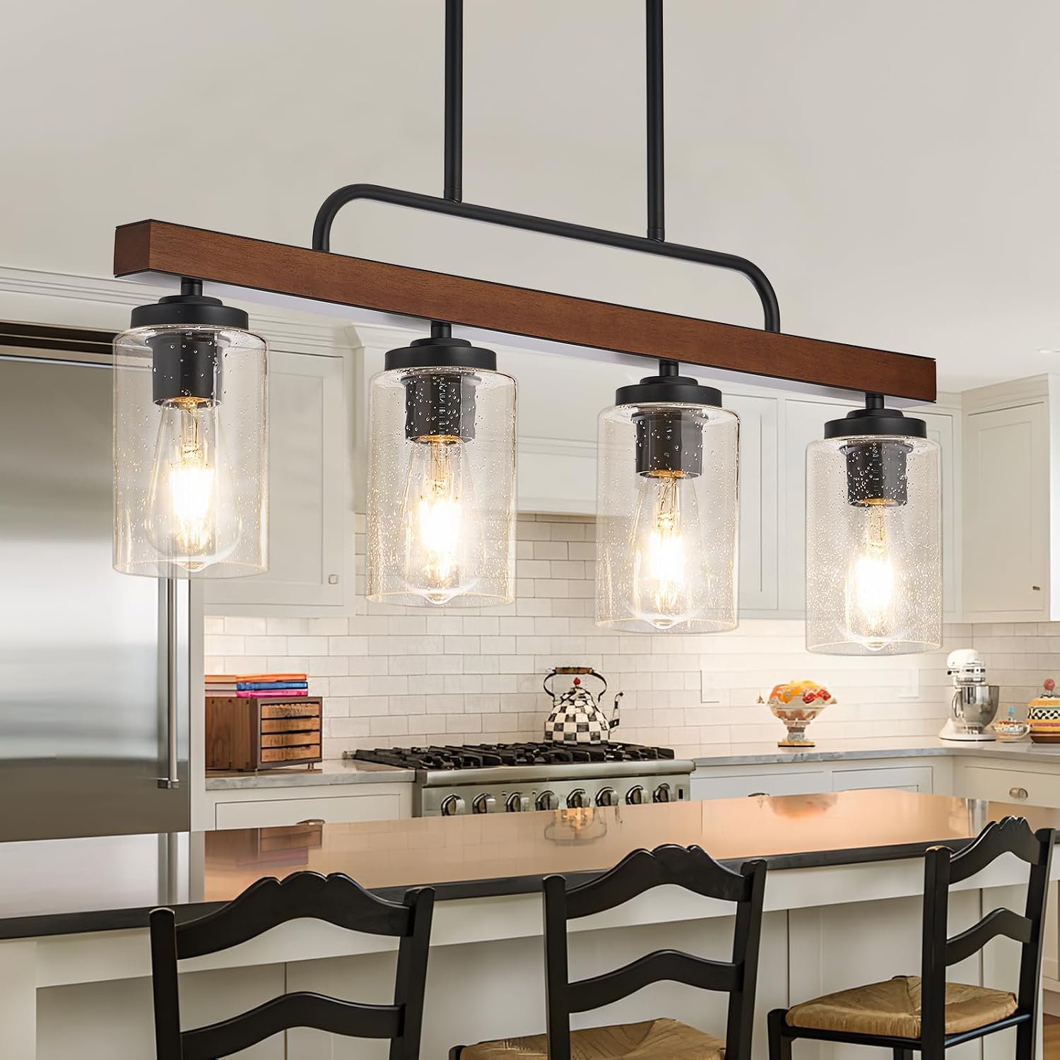 Farmhouse Dining Room Light Fixture, 4-Light Wood Kitchen Island Lighting, Industrial Chandeliers for Dining Room Over Table Black Pendant Light with Seeded Glass Shade for Bar Restaurant