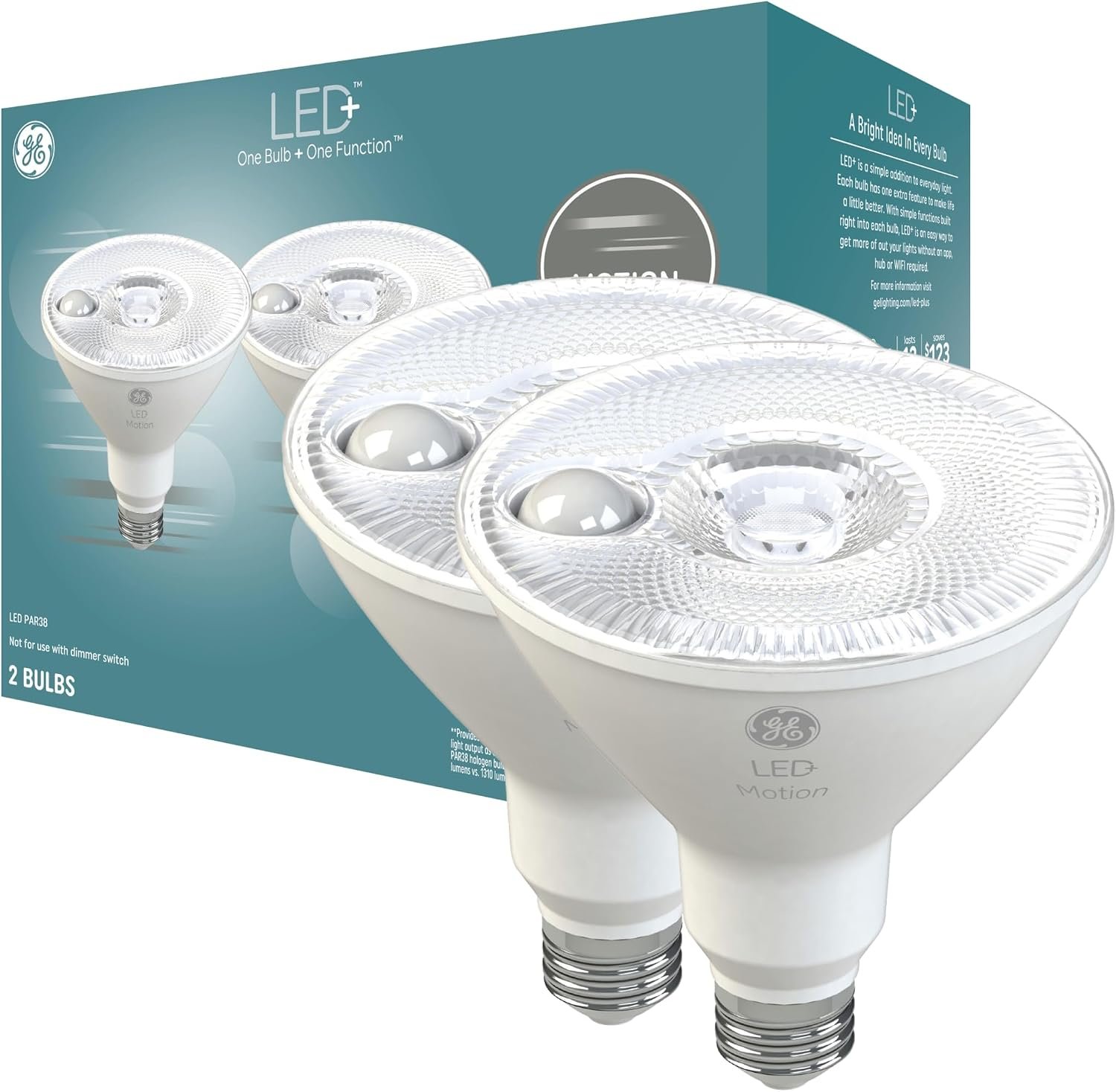 GE LED+ PAR38 Motion Sensor Outdoor Flood Light Bulbs, 15W, 2 Pack | Motion-activated security floodlight, PAR38, garage, porch, dusk-to-dawn, warm white, energy-saving LED, 2 pack