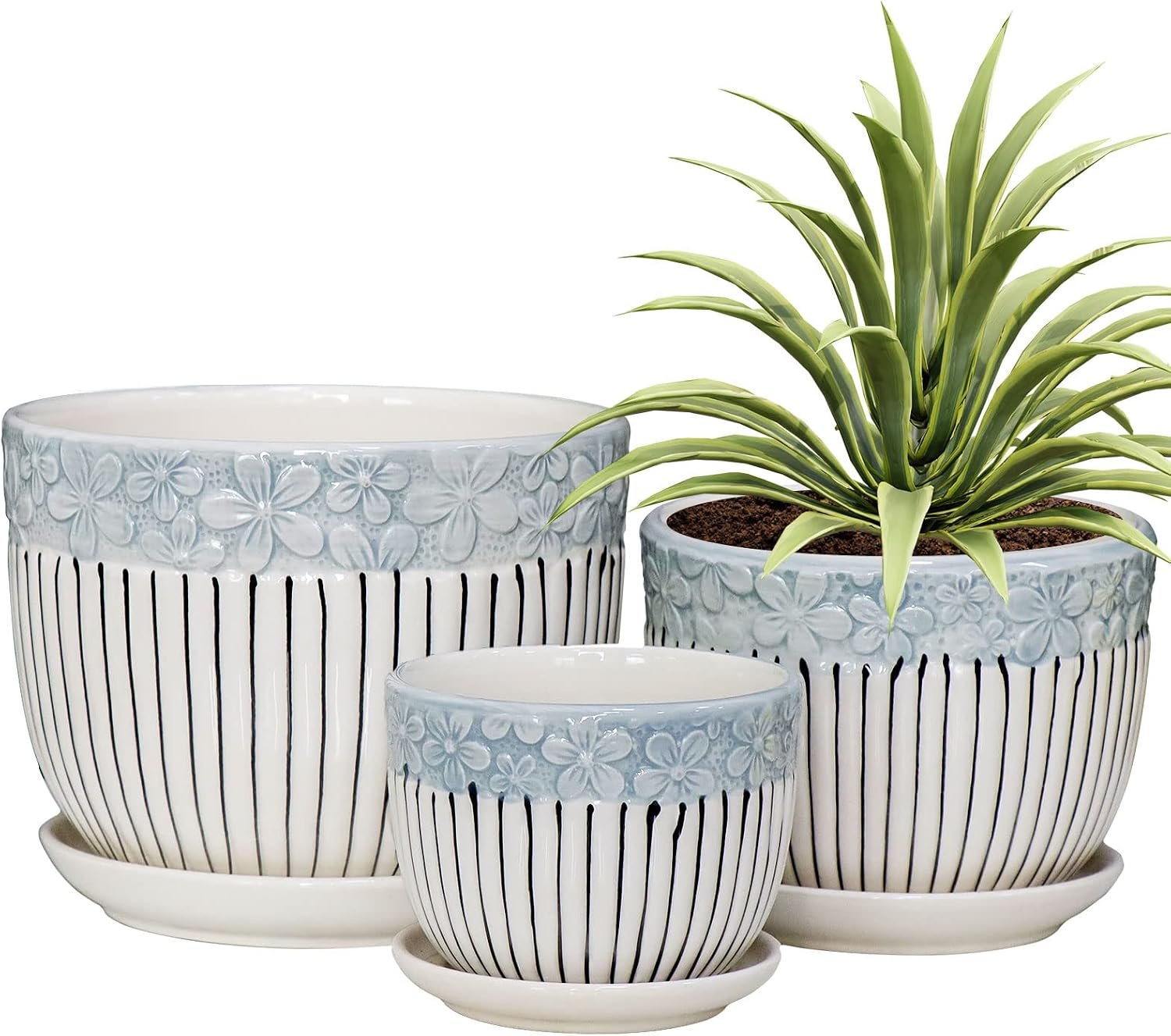 Gray Flower Pots, Texture Ceramic Plant Pots for Indoor Plants Set of 3 | Planters with Saucer | Cute Garden Pots | 6.7/5.5/4 Inch Succulent Pots | Indoor Decor Pots for Plants | Outdoor Garden Pots
