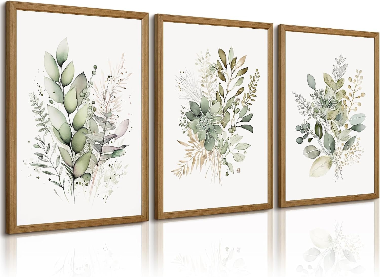 Joocrise Wooden Frame Watercolor Botanical Wall Art Boho Floral Canvas Wall Decor Prints Sage Green Wildflower Wall Art Modern Flower Pictures Botanical Painting for Bedroom Bathroom 12x16x3 Inch