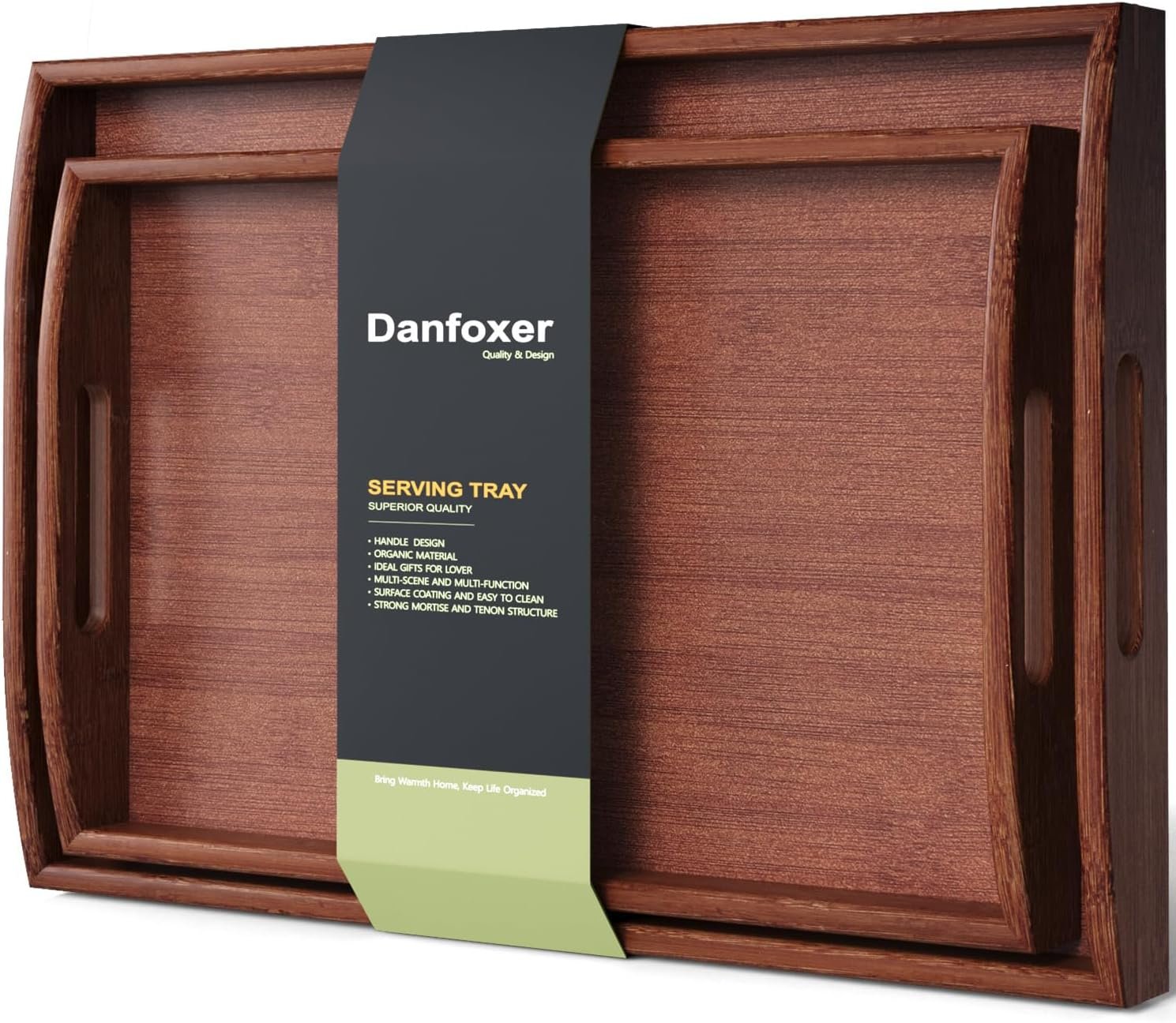 Bamboo Set of 2 Serving Trays with Handles Decorative Tray(Brown) | 2 Pack, Decorative Trays, for Coffee Table, Kitchen Counter, Breakfast, Party