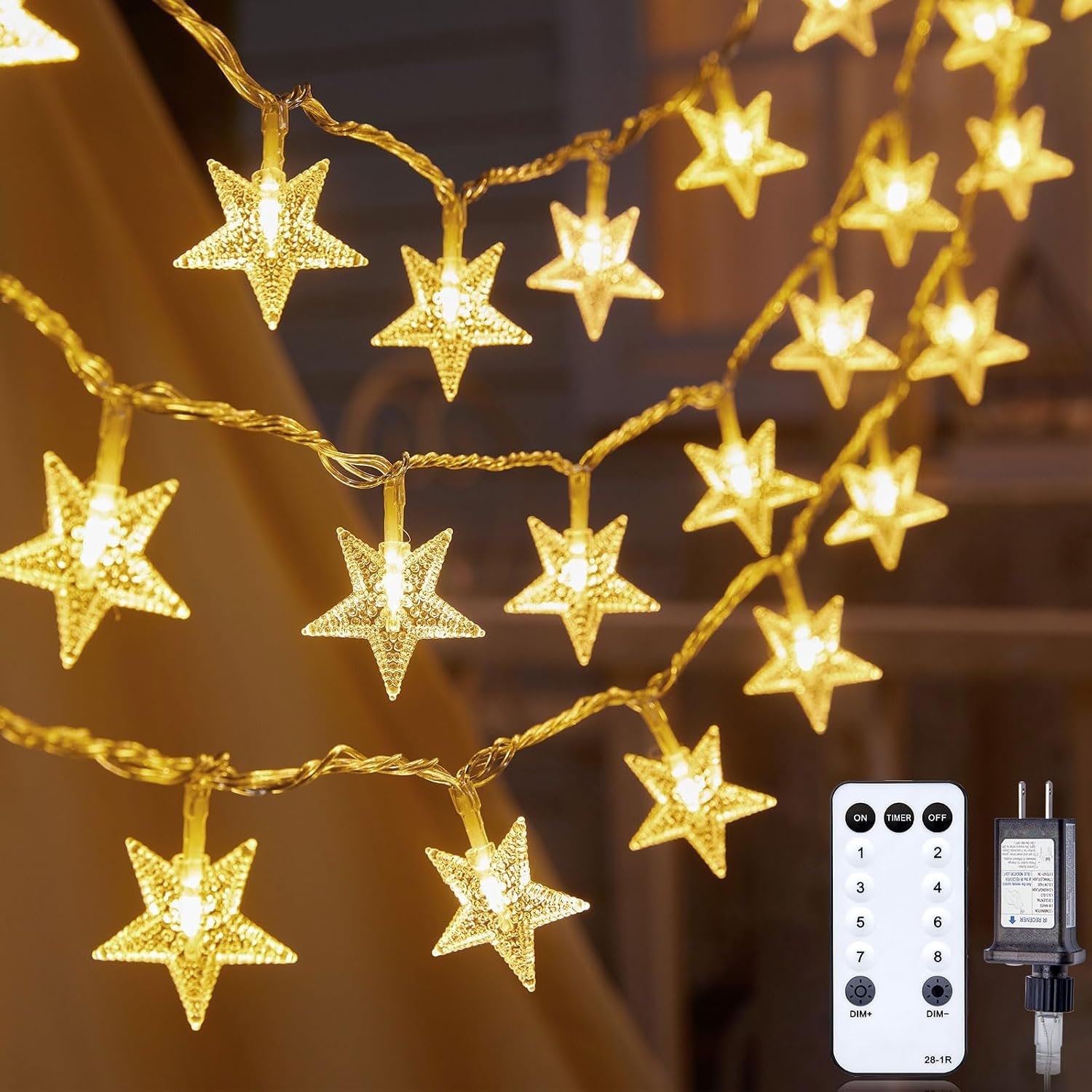 Star String Lights Plug in – 33 ft 100 LED Star Fairy String Lights with Remote and Timer, Waterproof for Bedroom Porch Wedding Party Patio Garden Tent Indoor Outdoor Décor, Warm White | 100 LED Star Bulbs, Connectable, Adjustable Brightness, Waterproof for Bedroom Porch Tent Indoor Décor