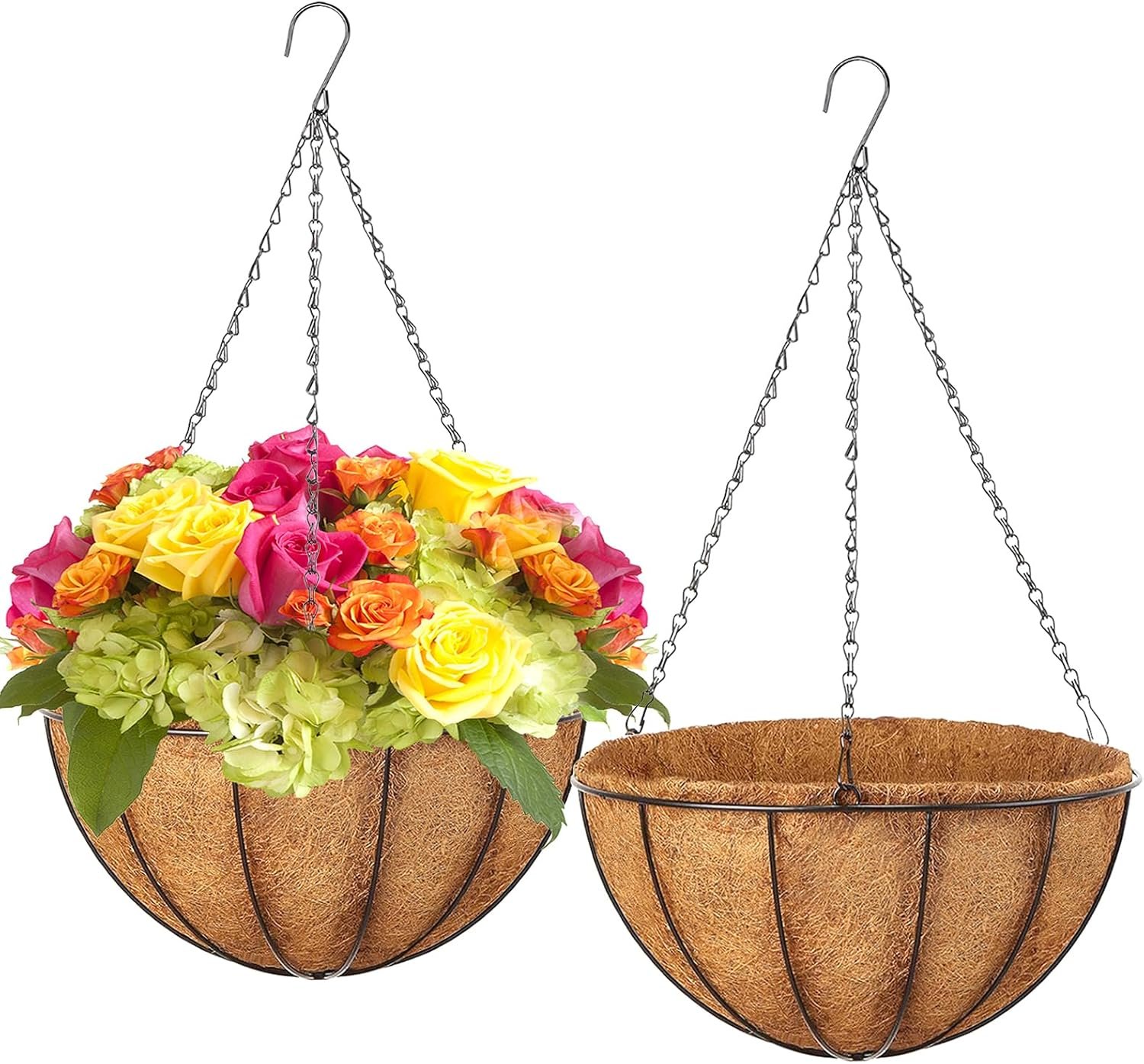 LCHUANG Hanging Baskets Planter for Plants – 2 Pack 10 Inch Metal Baskets with Coco Coir Liner, Hanging Flower Pots for Outside with Chain, Indoor Outdoor Garden Porch Decoration (10” Pack of 2)