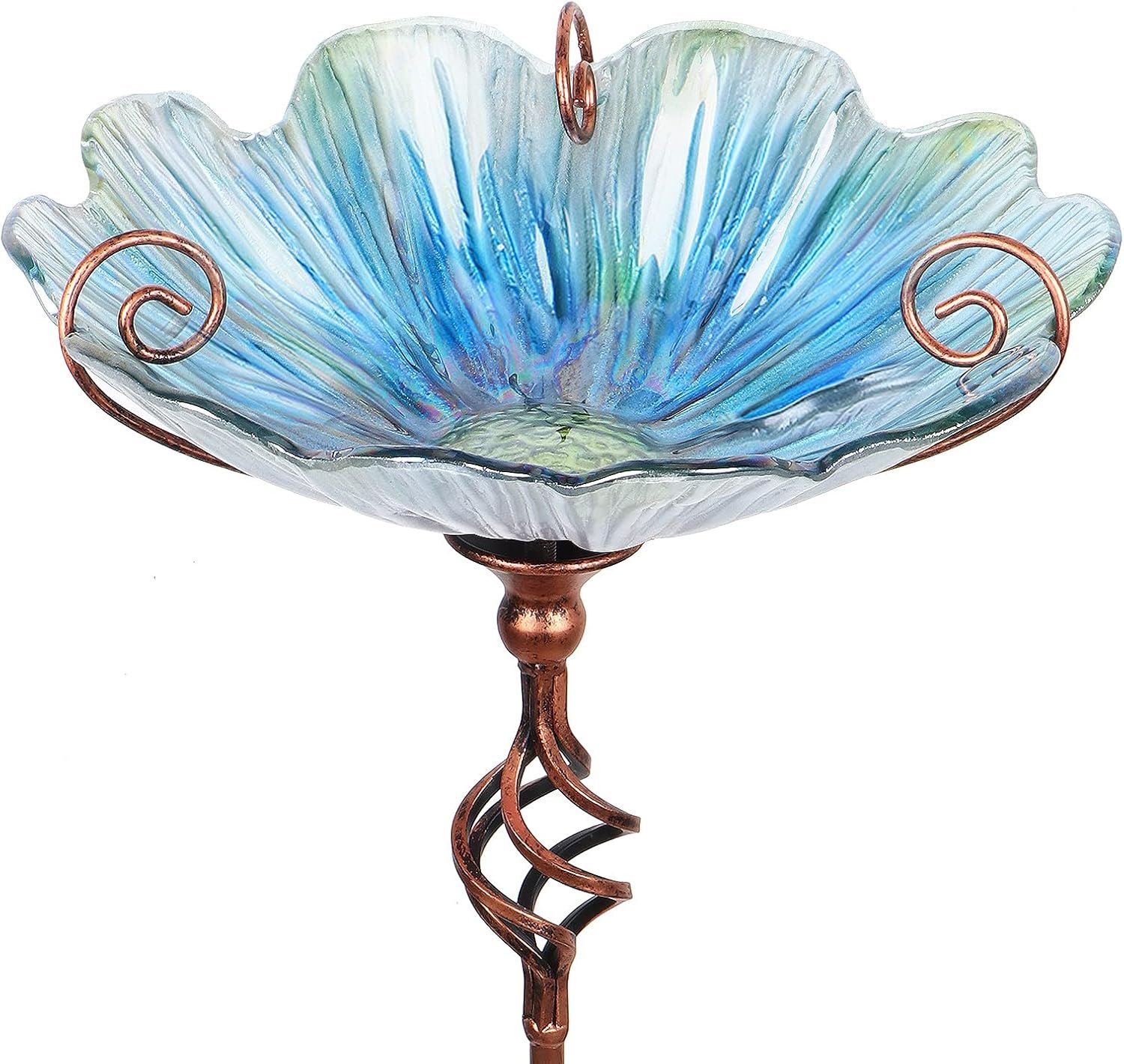 Glass Birdbath Birdfeeder with Metal Stake Garden Yard Outdoor Blue | 31inch height stain glass bird bath for outside,Blue flower bird bath bowl,attract wild birds and beautify outdoor gardens