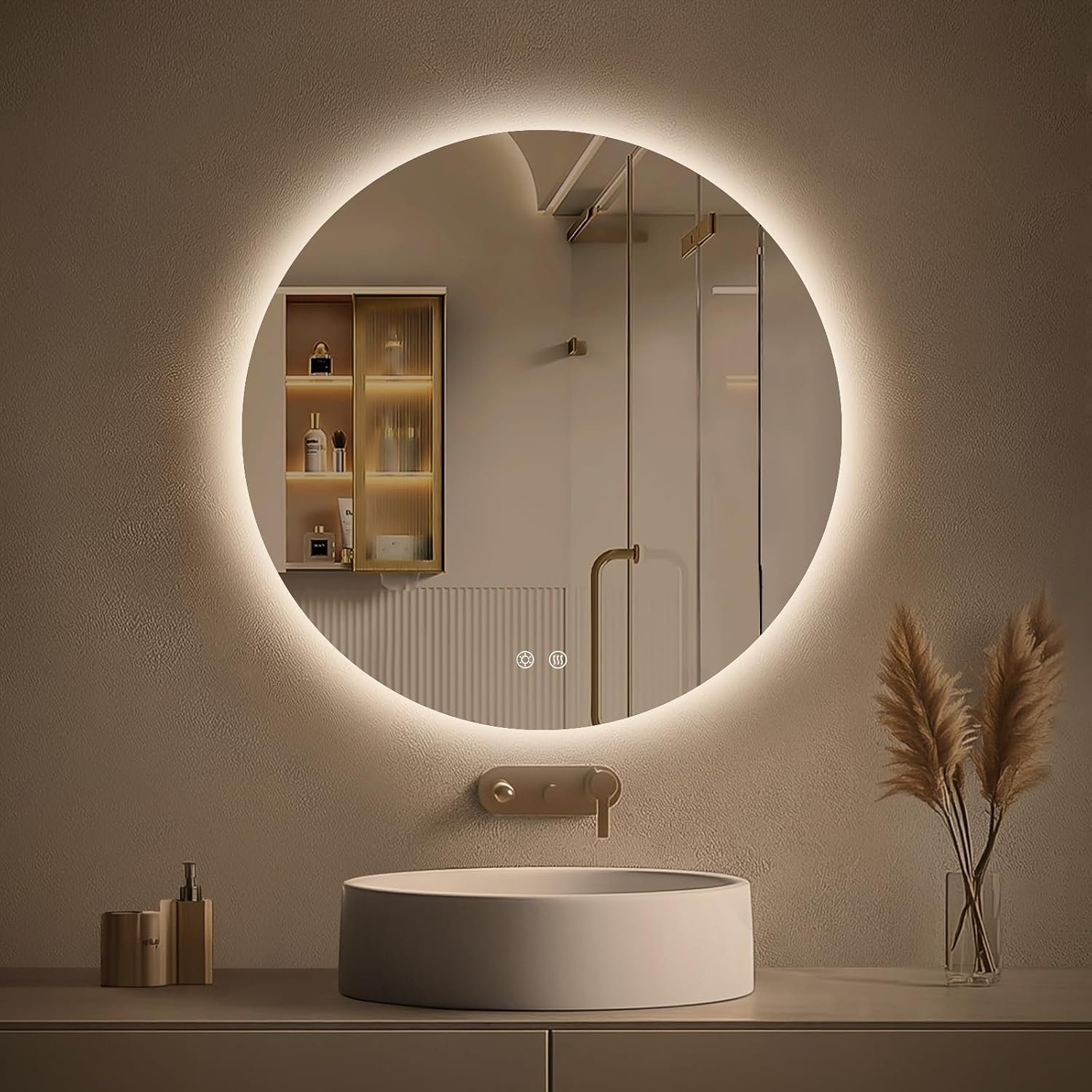 LOVESPEJO Round Backlit Mirror Bathroom 24″, Circle LED Mirror for Bathroom | Fogless, Dimmable, 3 Color Changing, Memory, Touch Sensor, Frameless, Shatterproof, IP54