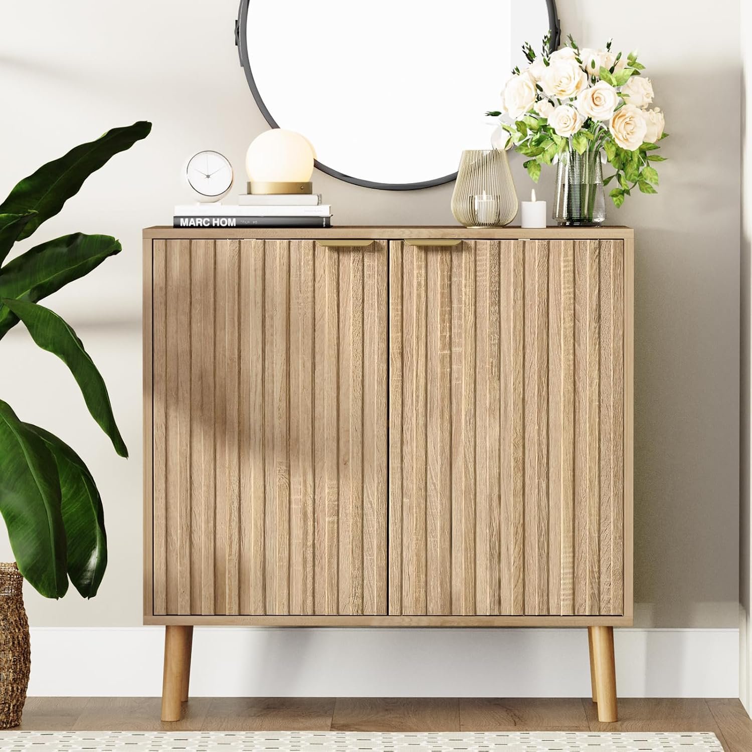Vrullu Fluted Storage Cabinet, Free Standing Buffet, Wood Sideboard, Multifunctional Accent Storage for Living Room, Hallway, Entryway, Dining Room (1, Oak)