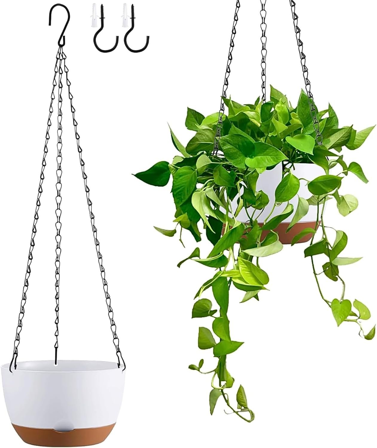 Set of 2-8 Inch Hanging Planters for Indoor Outdoor Plants | Self-Watering Hanging Flower Pots with Drainage Hole & Removable Water-Storage Tray (Hooks)