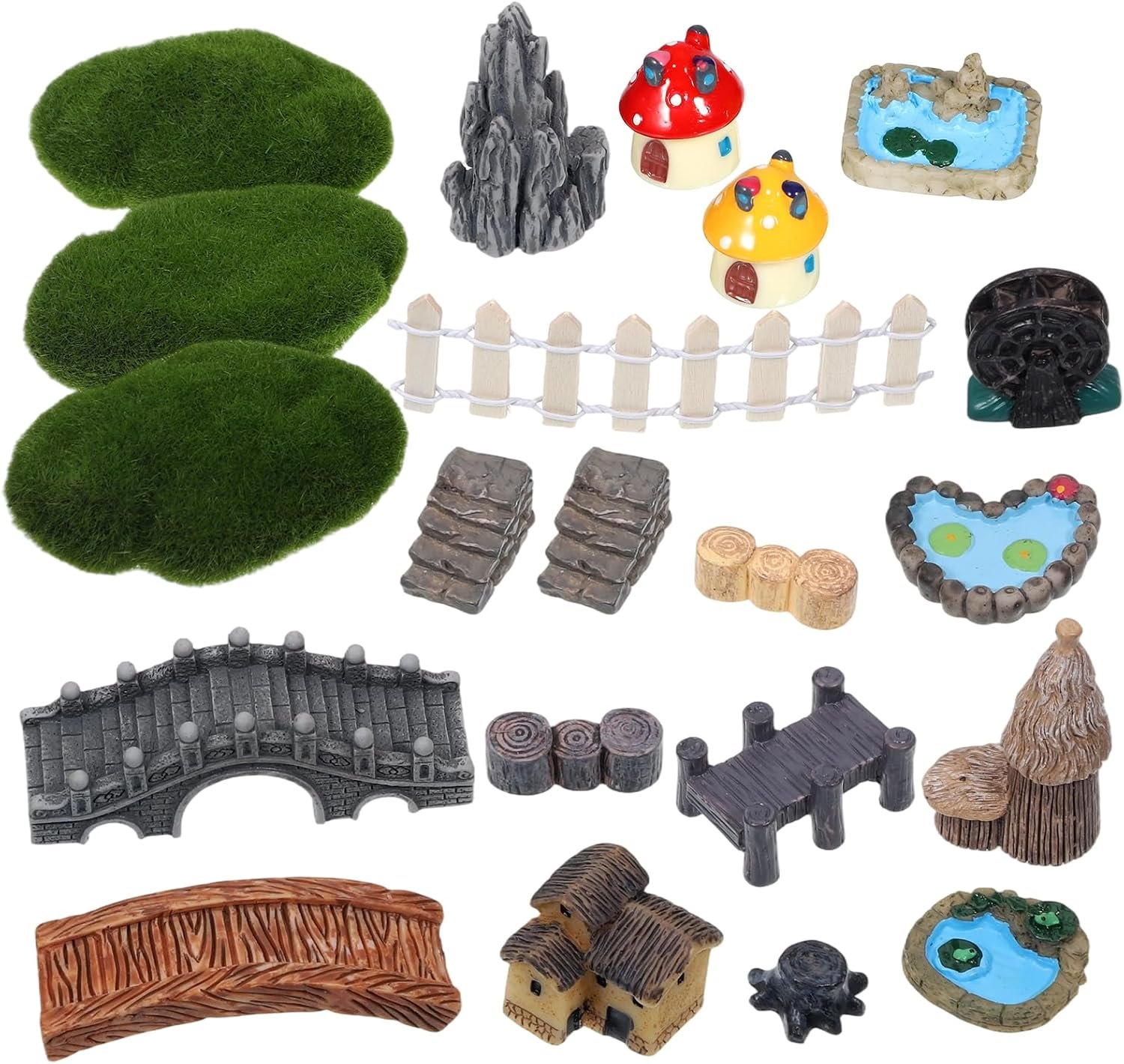 21Pcs Mini Fairy Garden Accessories Fairy Garden Kit | Outdoor Miniature, Fairys Gardens Accessories, Included Bridges, Fairys House