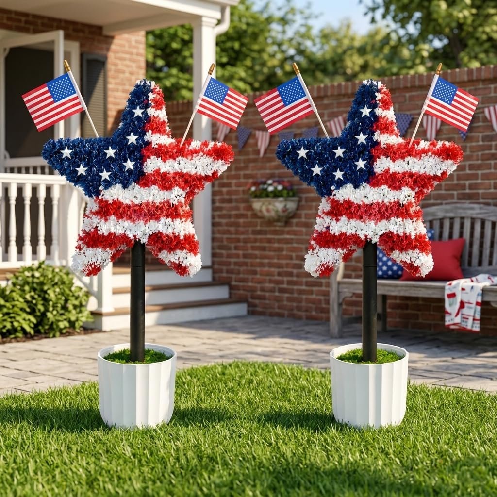 2 Pack 25.6″ Patriotic Star Topiary Trees w/ 4 Flags for 4th of July | Patriotic Red White Blue, UV Resistant PE Plastic, Pot & Ground Spike Included, Waterproof Artificial Plant, Independence Day