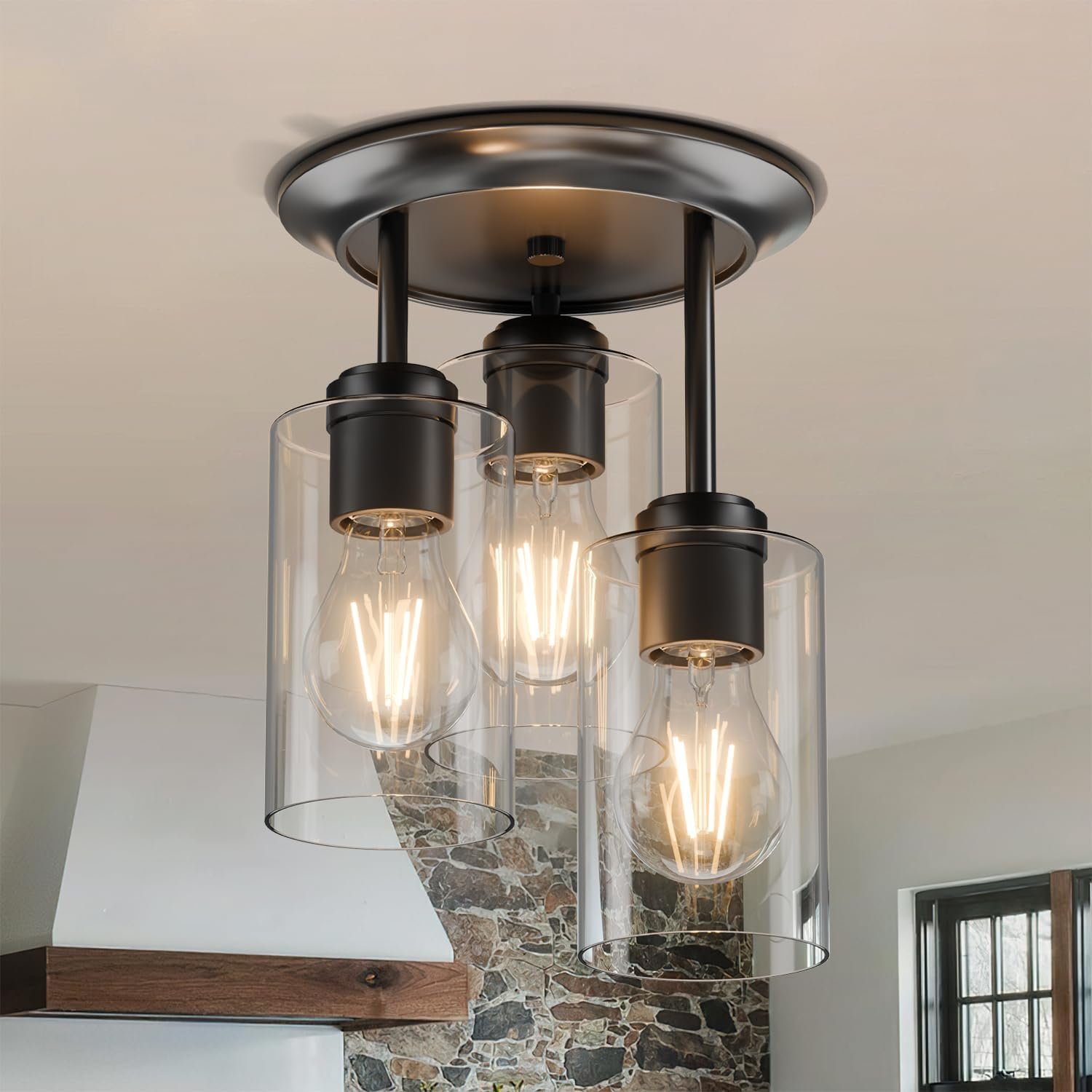 3-Lights Semi Flush Mount Ceiling Light Fixture Black for Kitchen | Foyer/Entryway/Dining-Room/Hallway Farmhouse Industrial Home Decor Clear Glass Shade Hardwired E26 ETL-Listed 120V 60W Max