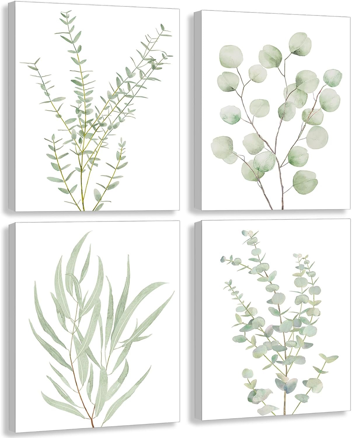 Erctoo Botanical Plant Canvas Wall Art, Framed Boho Wall Decor for Bathroom, Minimalist Aesthetic Bedroom Wall Art, Sage Green Eucalyptus Leaf Prints for Office, Set of 4PCS, 8”X10”