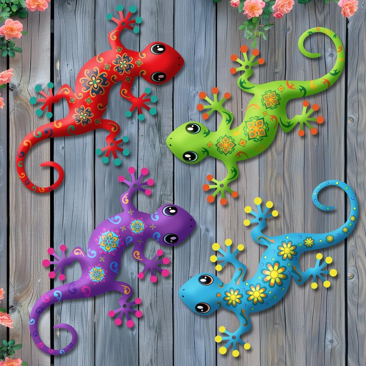 4 Pcs Metal Gecko Outdoor Decorations – Metal Wall Art Hanging Sculpture Decoration for Garden Yard Fence Porch Exterior Wall Decor