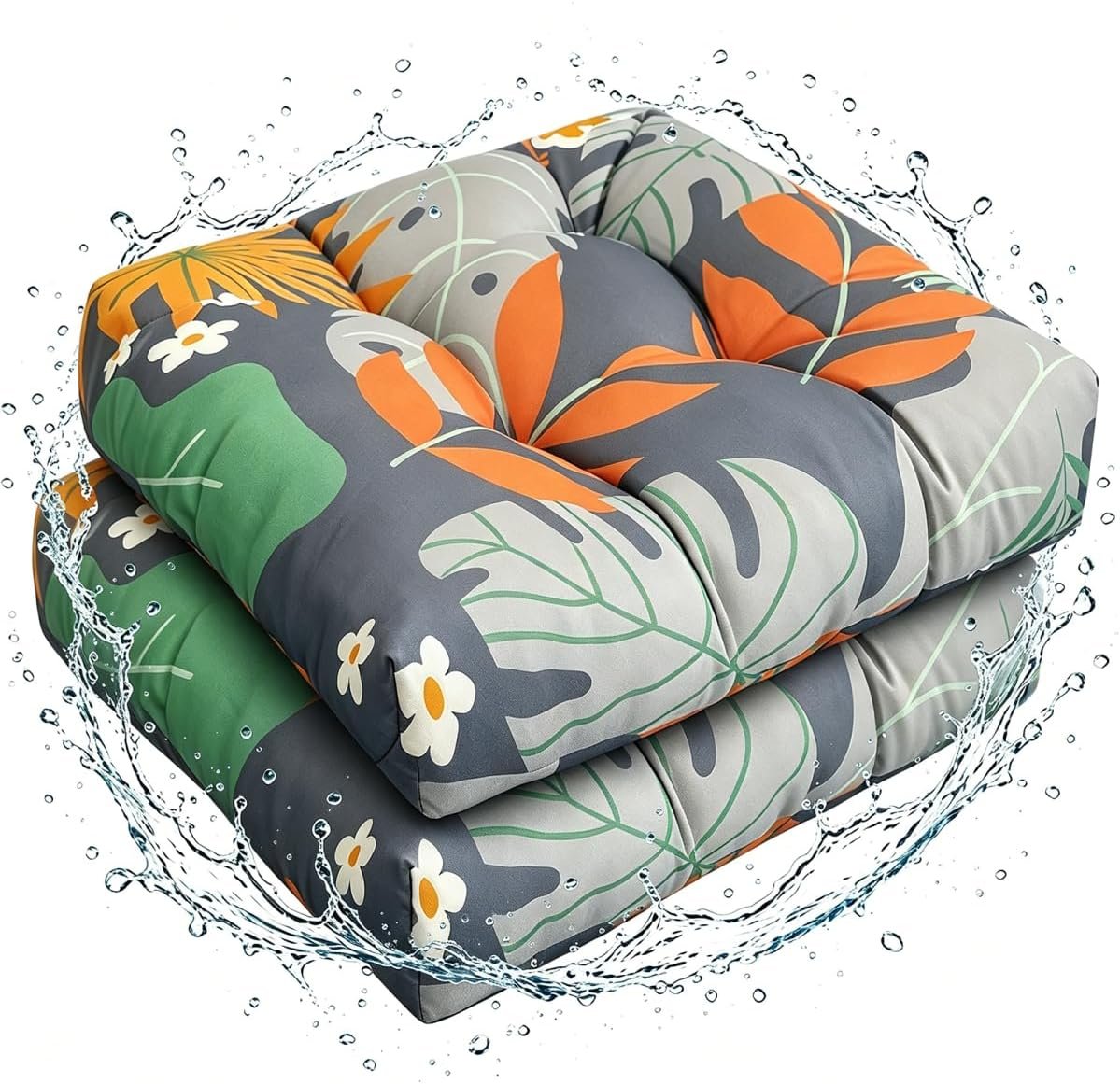 Set of 2 Outdoor Square Seat Cushions Waterproof Patio Seat Pad Floral Rocking Chair Cushion for Patio Dorm Home Office Furniture Orange Grey 19X19in