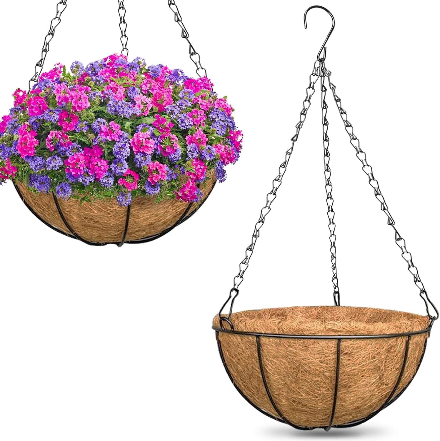 2 Pack 14 Inch Hanging Baskets for Plants Outdoor, Metal Wire Round Planters with Coco Liner, Hanging Flower Baskets for Home Garden Porch Balcony Railings Decor