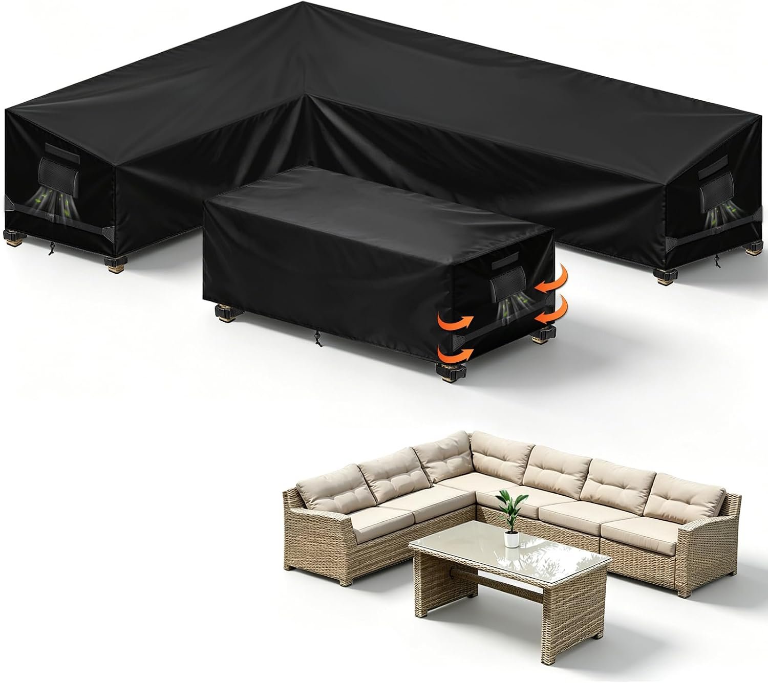 SUNICO Outdoor Sectional Patio Furniture Covers, L-Shaped, 85x110in, Black | 2PCS waterproof cover for sofa and table, UV protection, windproof, buckle strap, air vent, 6 locking buckles, rip-stop 420D