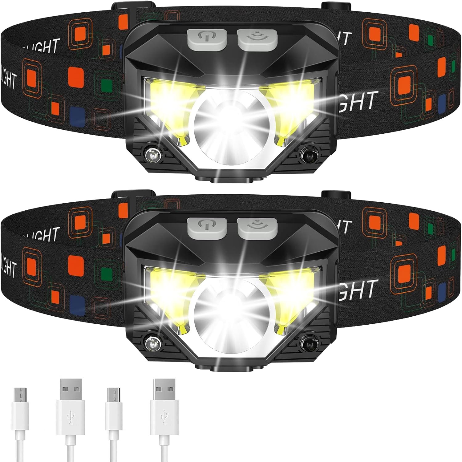 LHKNL Headlamp Flashlight, Lumen Bright Head Lamps LED Rechargeable Camping | Ultra-Light, with White Red Light, 2-Pack Waterproof Motion Sensor Headlight, 8 Modes for Outdoor Running Hiking Fishing