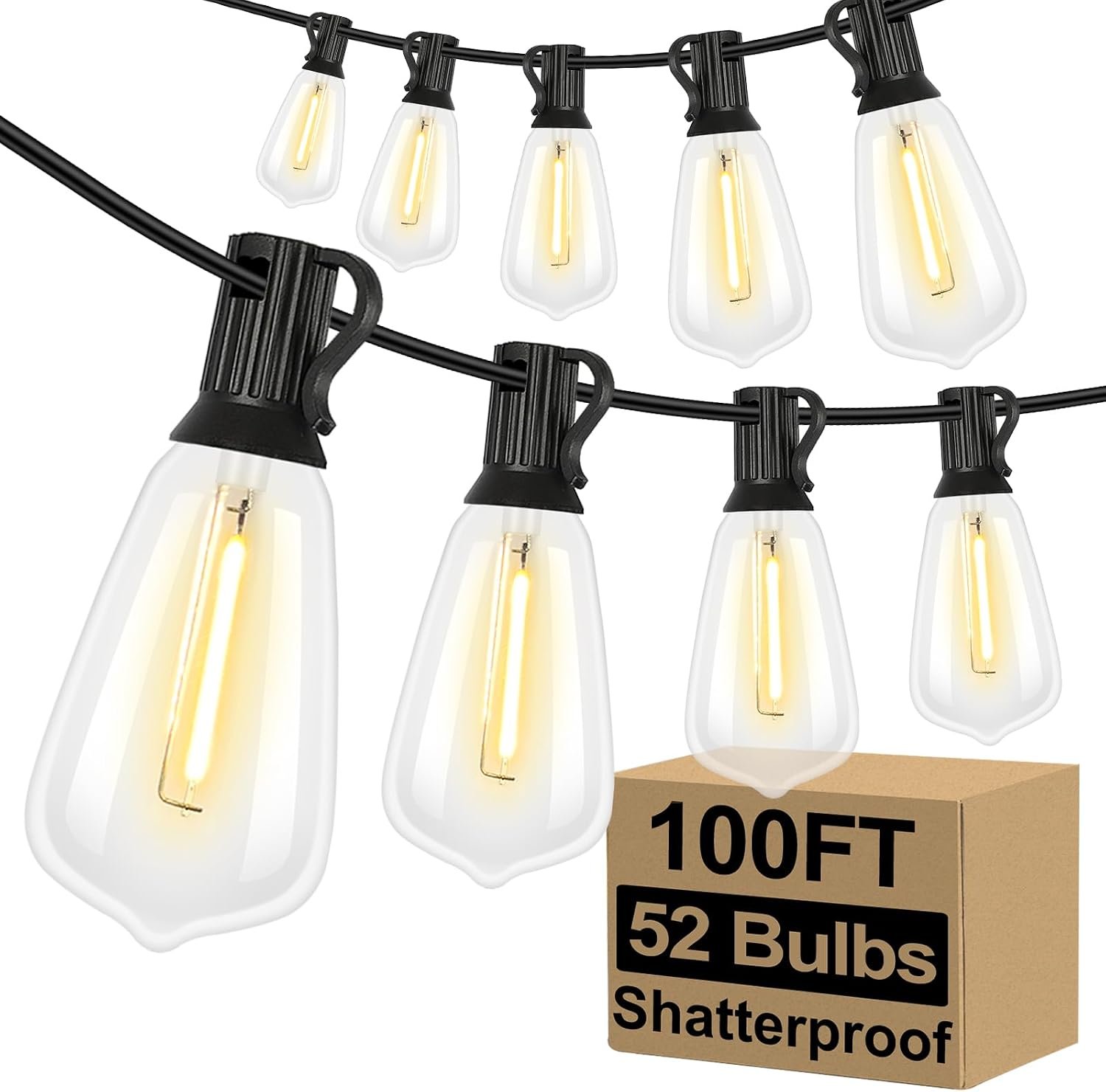 LED Outdoor String Lights 100FT Patio Lights with 52 Shatterproof ST38 Vintage Edison Bulbs, Outside Hanging Light Waterproof for Porch, Deck, Garden, Backyard, Balcony, 2700K Dimmable | 2 Spare ST38 Edison Bulbs Dimmable, Connectable Plug-in LED Outdoor Lighting for Porch, Garden, Backyard, Balcony, 2700K