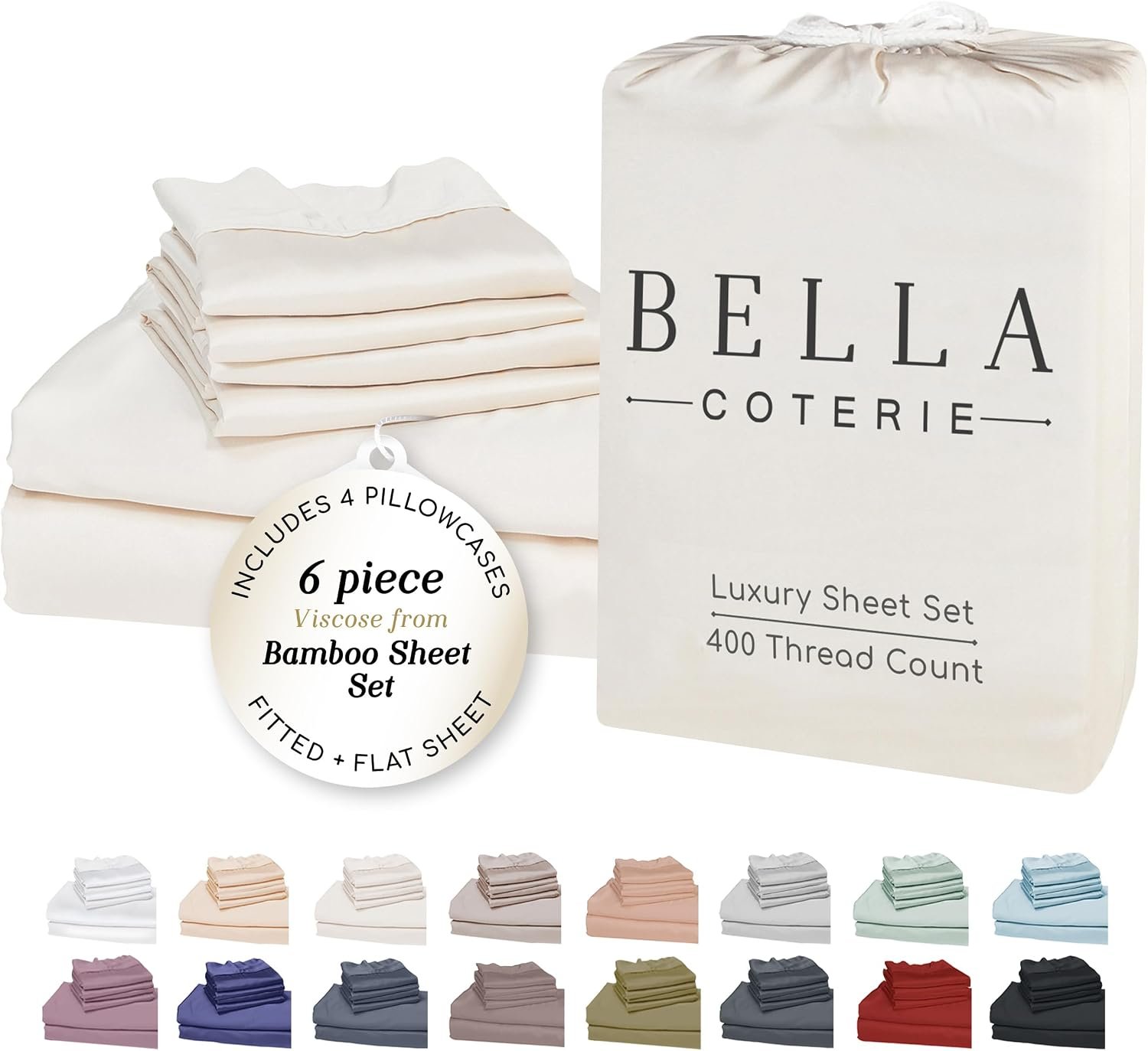 Bella Coterie 6 Piece Luxury Bamboo Viscose King Sheet Set | Organically Grown | Cooling | Ultra Soft & Breathable | 18″ Deep Pocket w/ Corner Straps | 4 Pillowcases [Ivory]