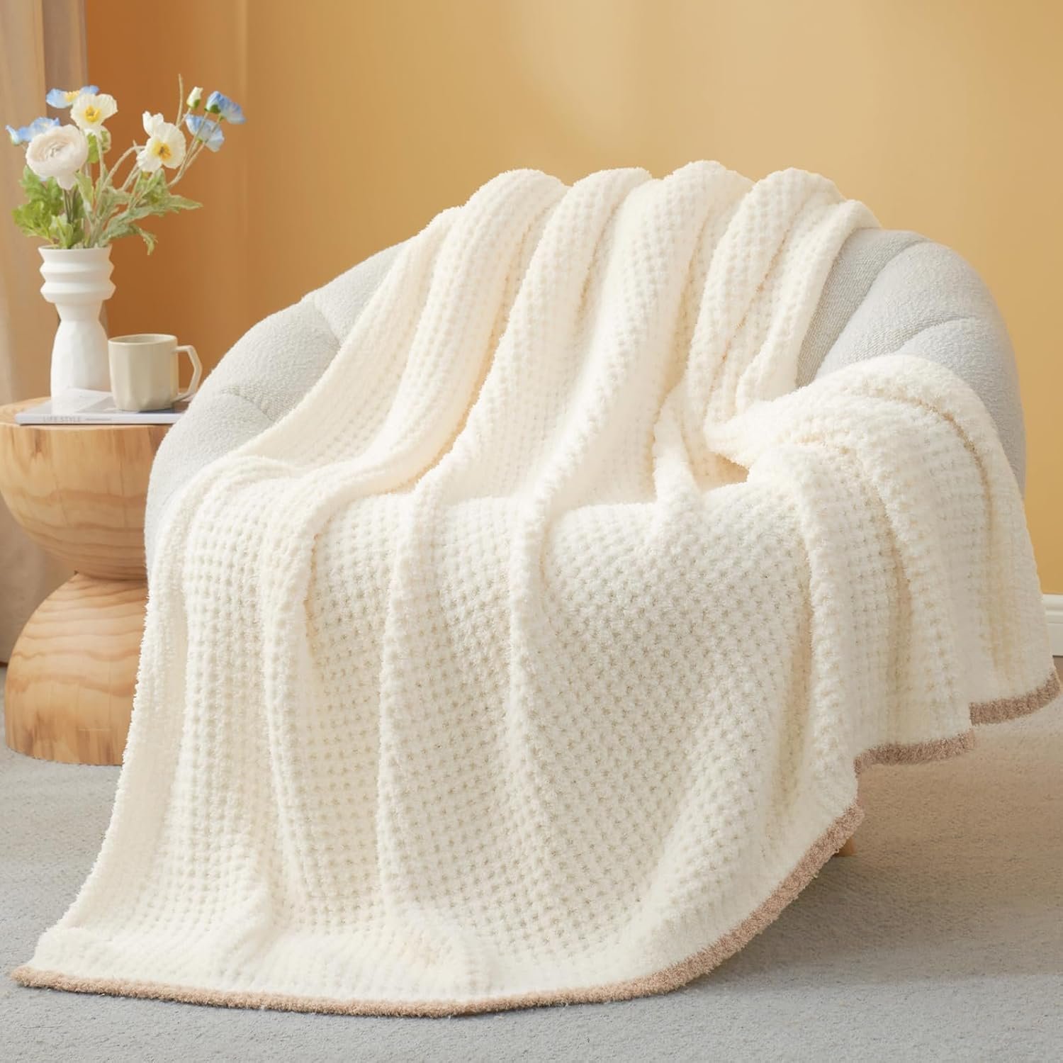 Snuggle Sac Ultra Soft Waffle Throw Blanket for Couch Bed Sofa 50×60 inches, Reversible Cream Blanket Microfiber Fluffy Fuzzy Cozy Knit Throws for Women Mothers Birthday Gifts