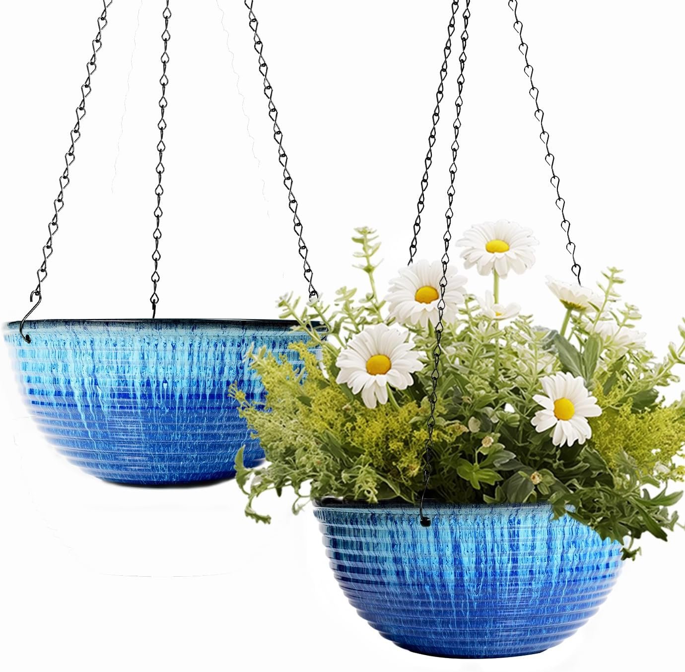 2 Pack 10 Inch Glazed Hanging Planters, Hanging Baskets with Drainage Hole | Ceramic Look, Hanging Flower Pots for Indoor Outdoor Plants, Metal Plant Hangers, Modern Home Decorative, Blue Glaze
