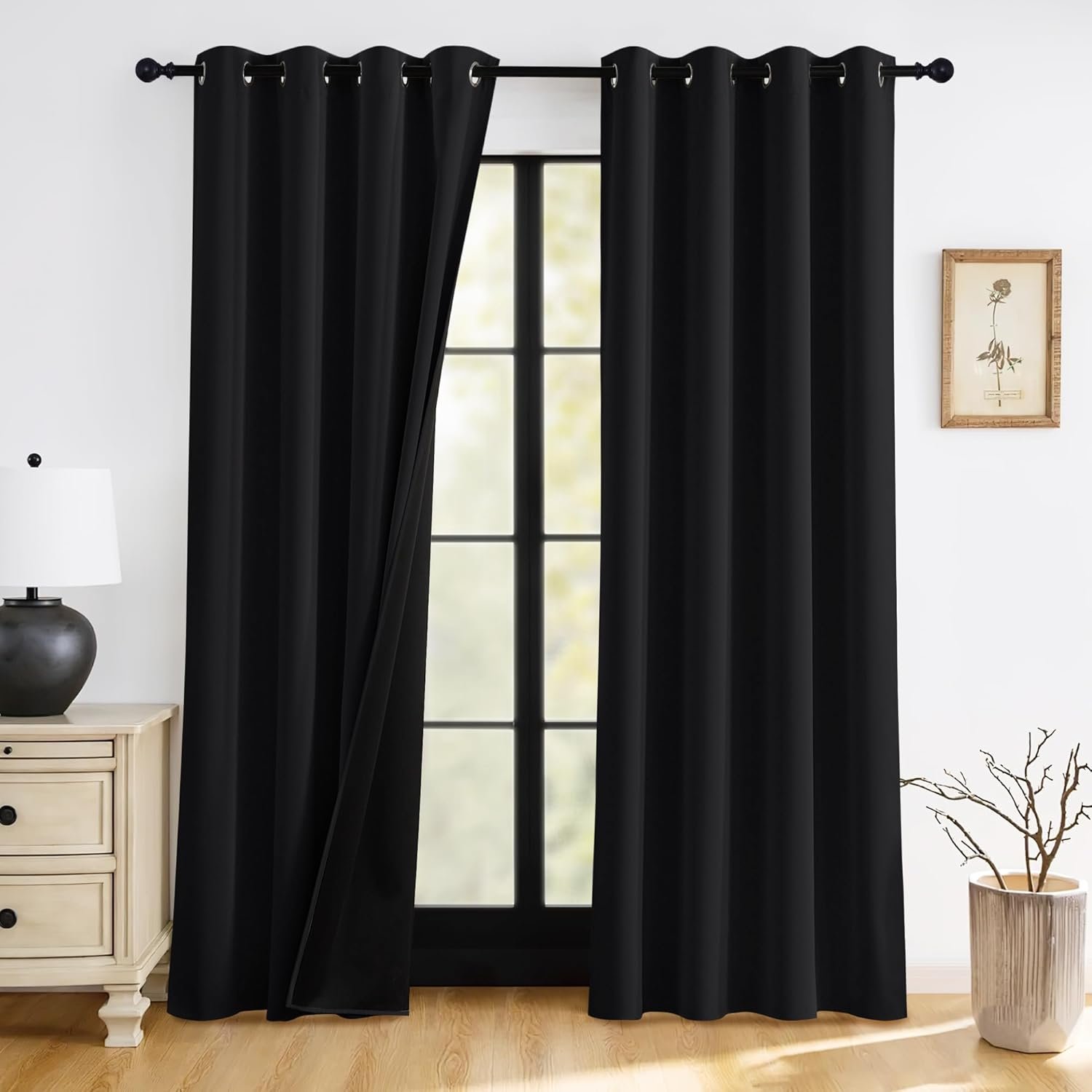 RYB HOME 100% Blackout Black Curtains for Bedroom Living Room 84 inch Long | Thermal Insulated, Heat UV Light Blocking, Noise Reducing, Window Curtains & Drapes for Kids Baby Room, W52 x L84, 2 Panels