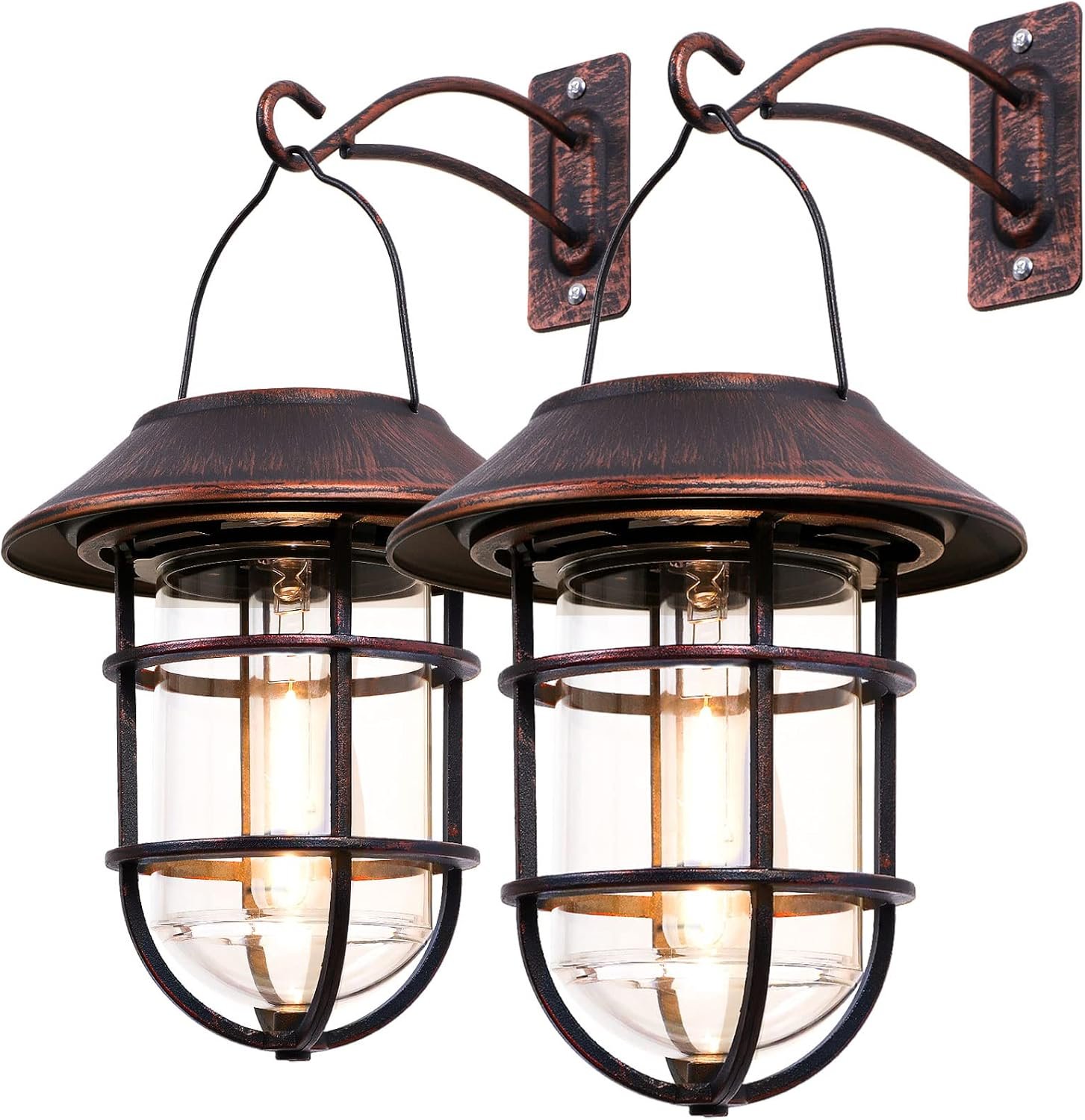 Solar Lantern Outdoor Hanging Solar Lights, Waterproof Metal Outdoor Lights with Clear Glass, LED Decorative Aluminum Wall Lantern with Hooks, Bronze | Waterproof Metal Outdoor Lights with Clear Glass, LED Decorative Aluminum Wall Lantern with Hooks, Bronze