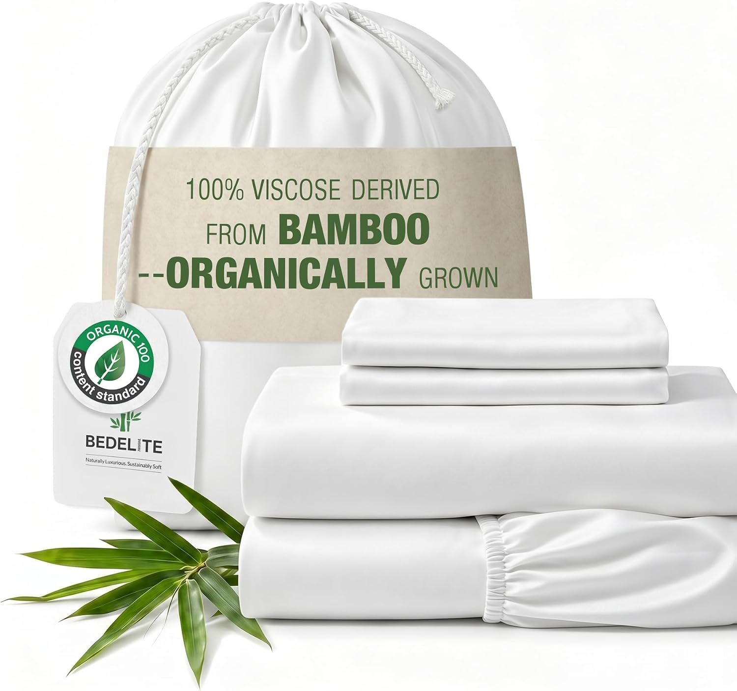 BEDELITE Bamboo Viscose Sheet Set, King Size, 4 Pieces, White | 100% Organically Grown, 18 Inch Deep Pocket, All Round Elastic & Corner Straps, Luxury Silky Cooling Sheets for Hot Sleepers