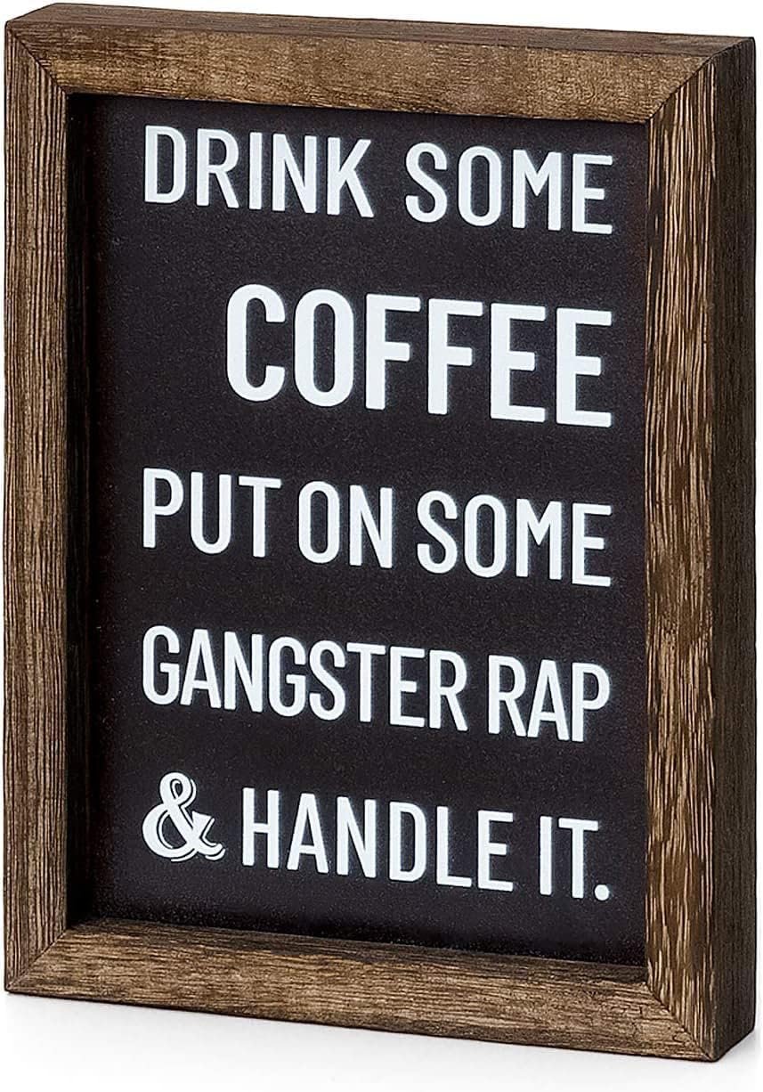 Mkono Coffee Bar Sign, 2 Sides Farmhouse Wood Sign with Funny Sayings Decor | Cafe Station/Home/Kitchen/Office Decor, Dual Display, Freestanding Table or Wall Hang, Hooks & Rope Included, Gift Idea