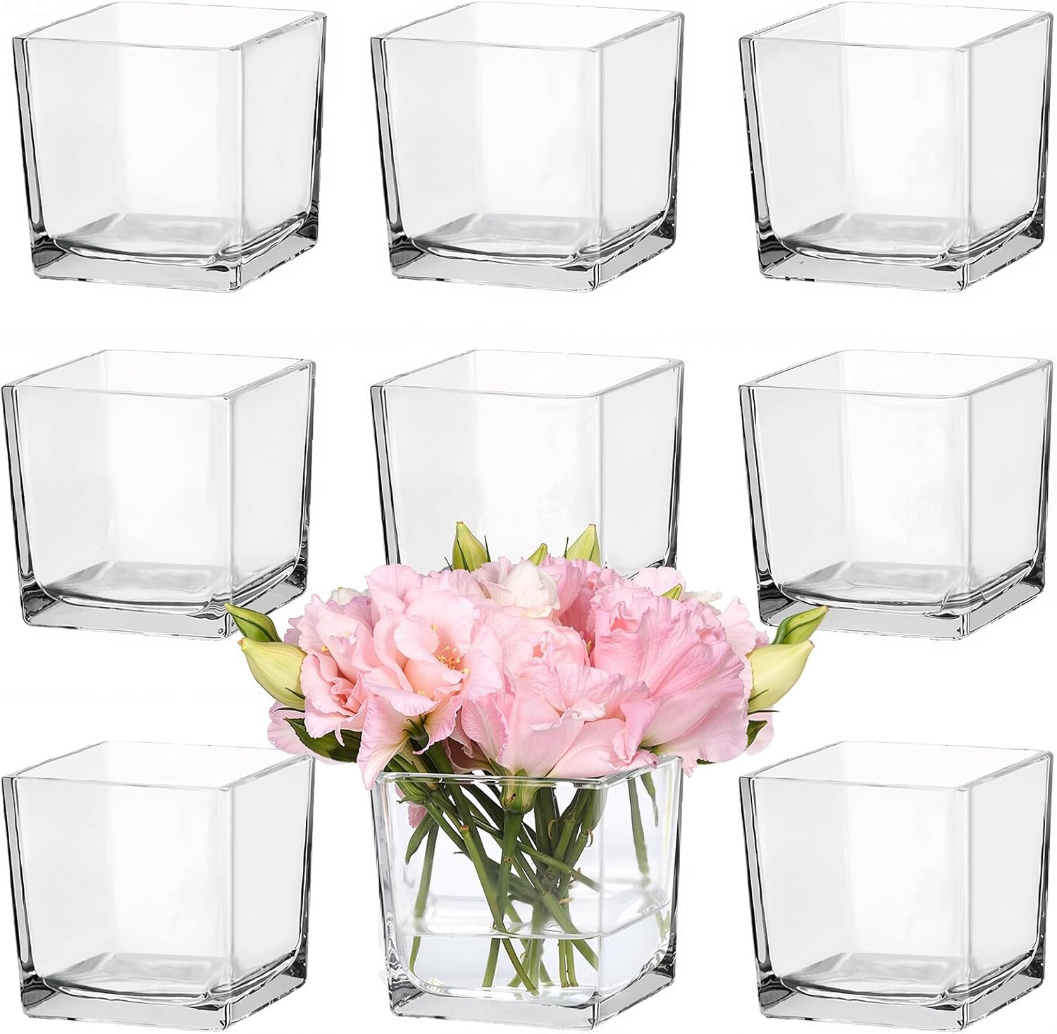CONNOO 9 Pack 4″ x 4″ x 4″ Clear Square Glass Vase for Centerpieces | Bulk Clear Flower Vases for Centerpieces, Square Glass Cube Vase for Weddings, Party & Home Decor, Floating Candle Holders