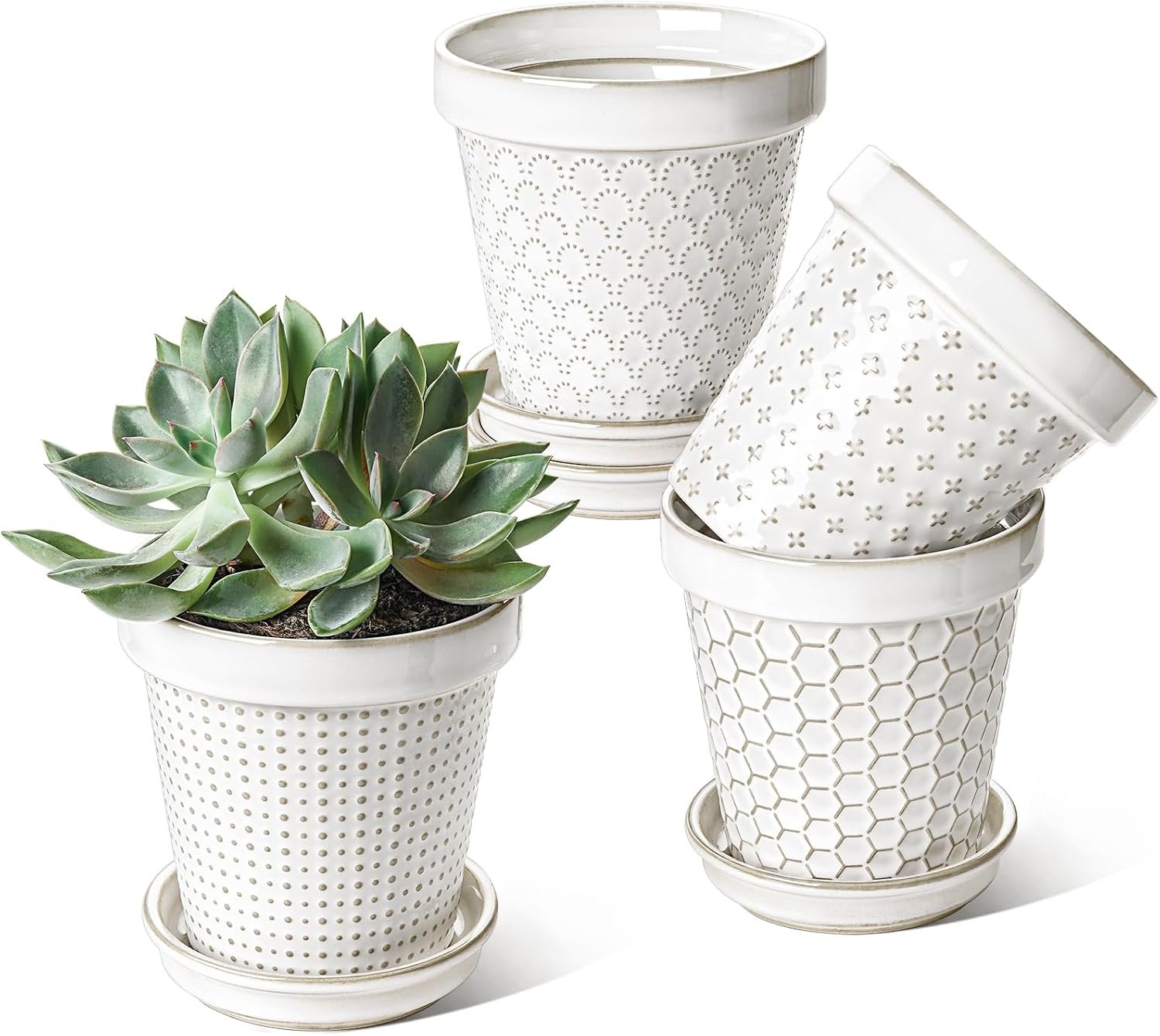 LE TAUCI Ceramic Plant Pots, 4.9 Inch Flower Pots with Drainage Hole & Saucer, Embossed Planter Pots for Indoor Plant Succulent, Orchid, Cactus, Home Decor – Set of 4, Arctic White