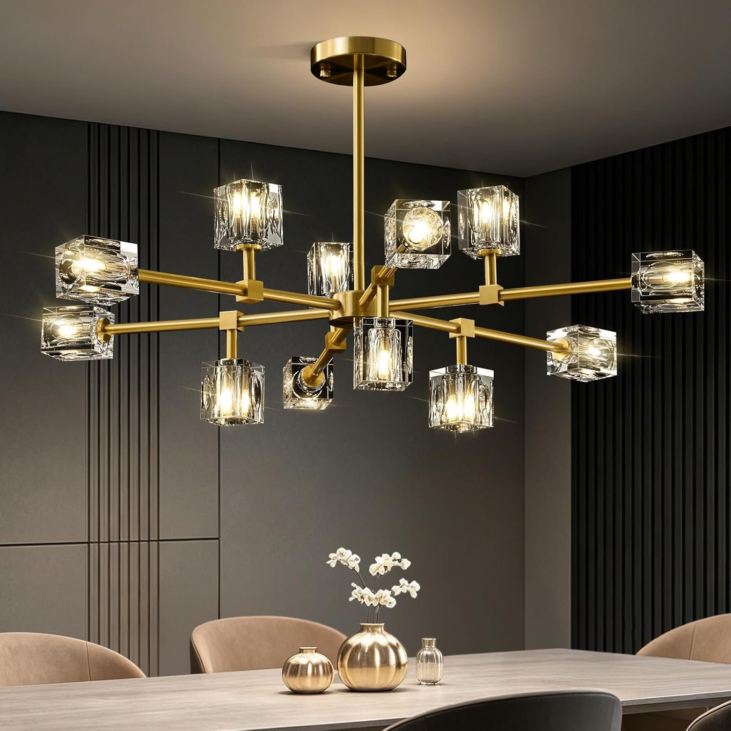 Modern Sputnik Crystal Brass Chandelier: Gold Dining Room Living Room Light | Luxury 12 Lights Adjustable Height Pendant Ceiling Light Fixture, Brushed Chandeliers for Kitchen Over Table Bedroom Bathroom