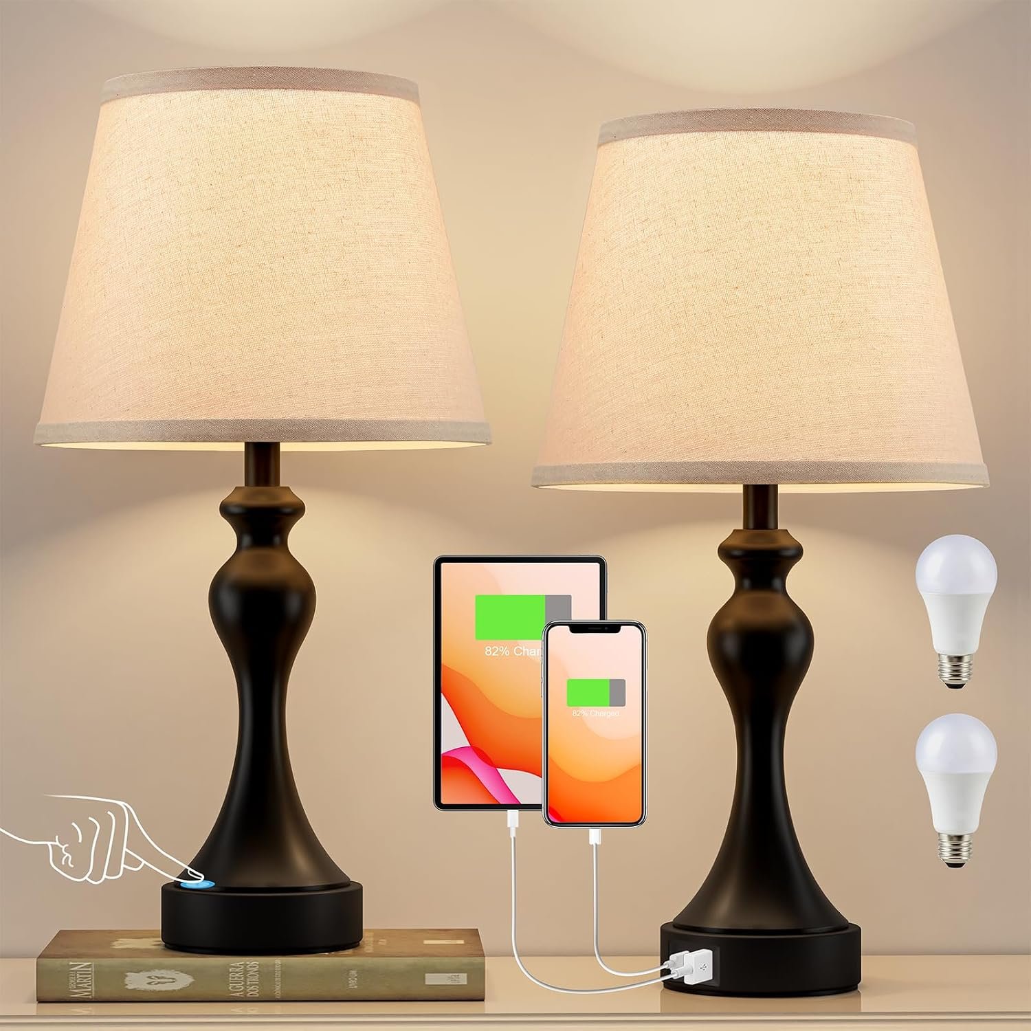 Touch Lamps for Nightstand, 3 Way Dimmable Bedside Lamps with USB C+A Ports | Touch Control, LED Bulb Included, Small Black Table Lamp for Bedroom, Night Stands, End Table, Gift，Corded