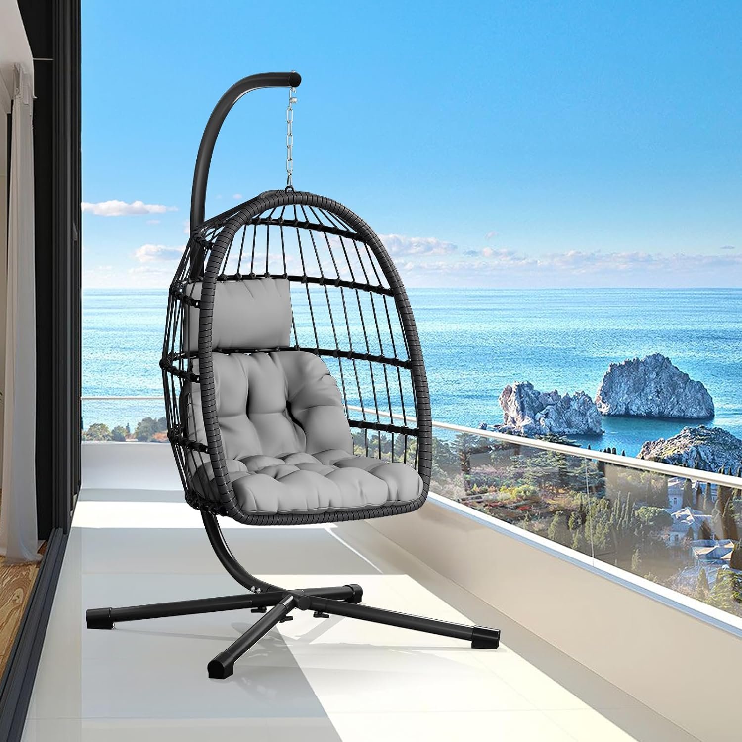 CHABATREE Egg Chair with Stand,Patio Rattan Wicker Hanging Swing Egg Chair Hammock Chair for Bedroom Porch Garden,Thickened Aluminum Alloy Steel Frame and UV Resistant Cushion,350LBS Capacity