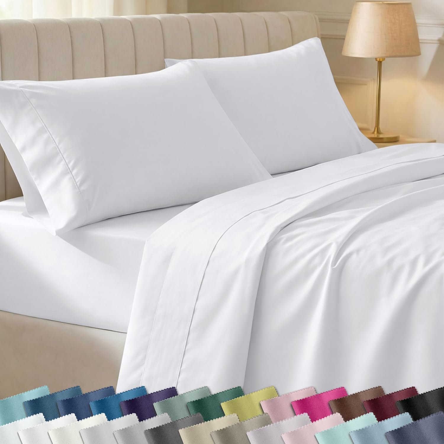 California Design Den Soft 100% Cotton Sateen King Size Sheets Set, White | 400 Thread Count Backed by Good Housekeeping Seal, 16″ Deep Pocket, All-Around Elastic, Durable, Easy Care