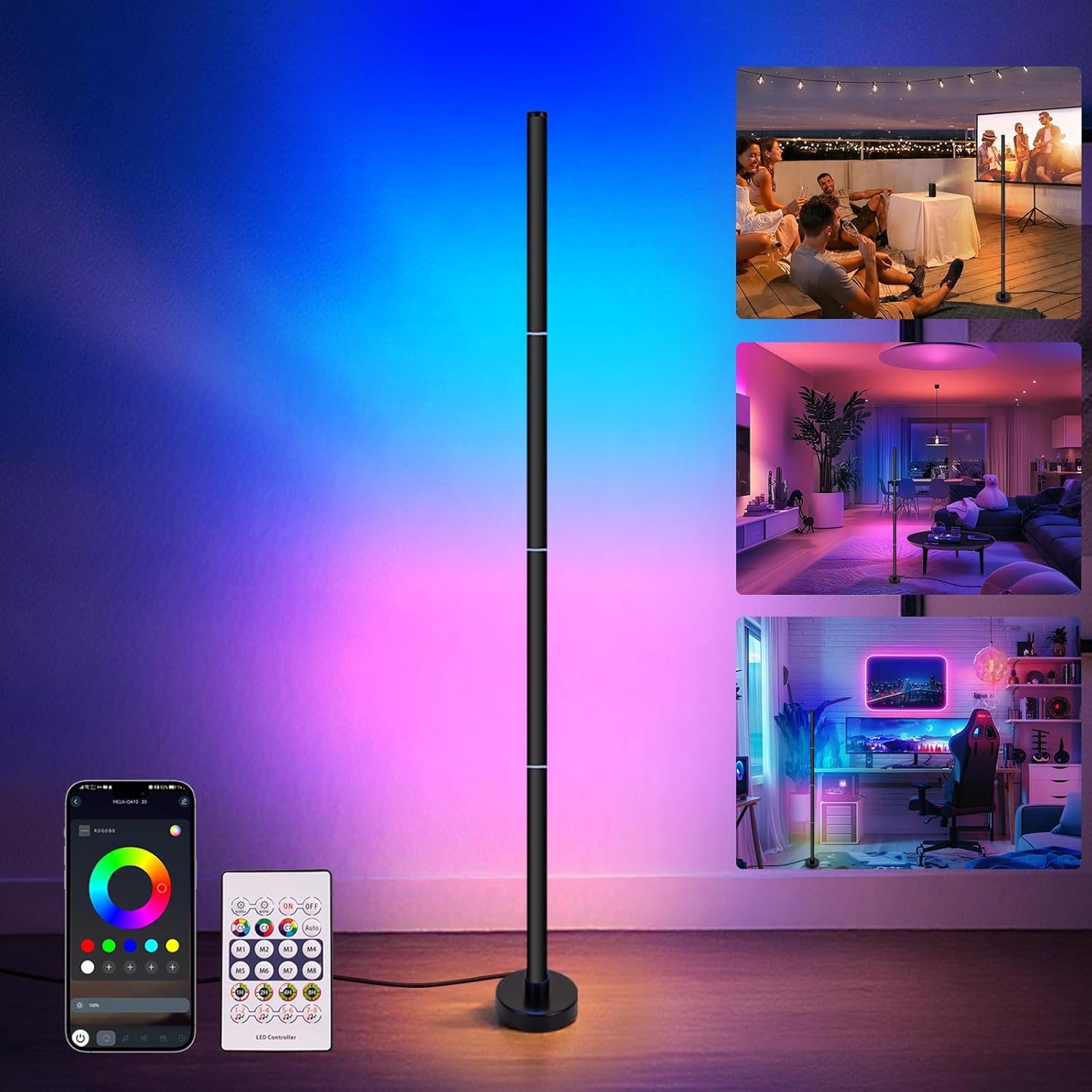 Smart RGB LED Corner Floor Lamp with App and Remote Control | 16 Million Colors & 68+ Scene, Music Sync, Timer Setting, Ideal Standing Lamp for Living Rooms, Bedrooms, Gaming Rooms