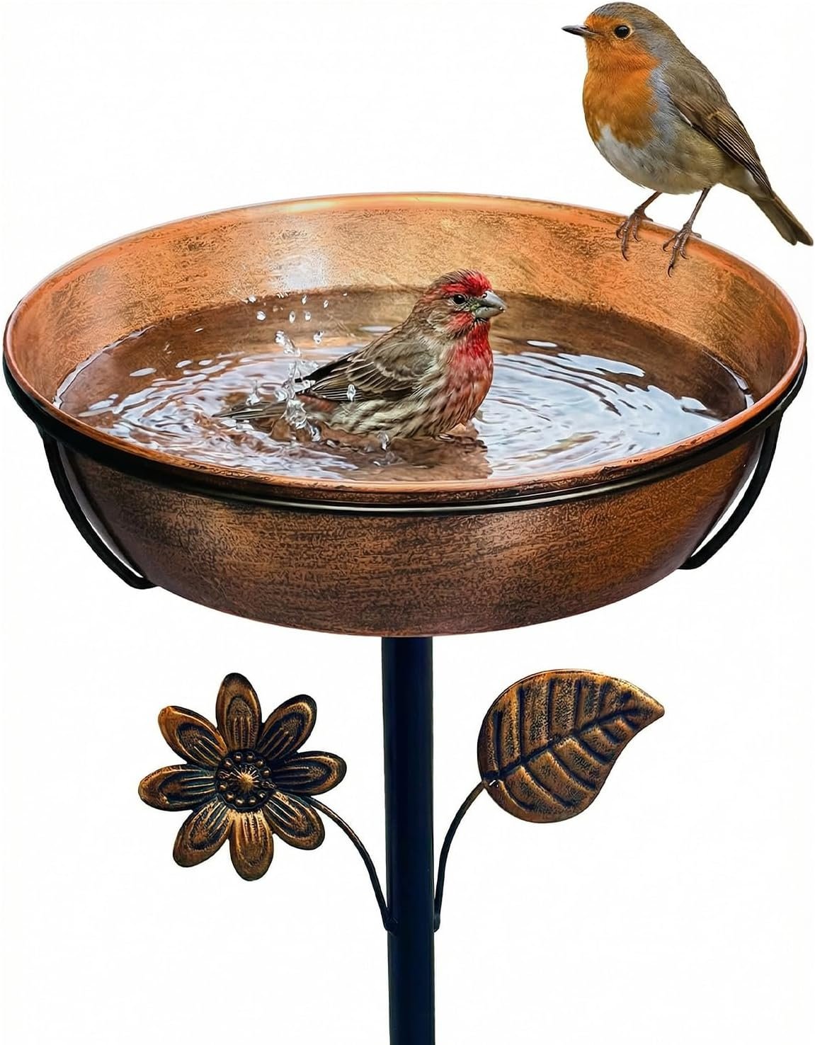 12″ Metal Bird Bath for Outside, 3″ Deep Bowl with 5-Prong Stake | Removable Bowl, Easy to Clean Rust Resistant Metal, Bird Feeder, Adjustable Height, Garden Lawn Decor Bird Lover Gift
