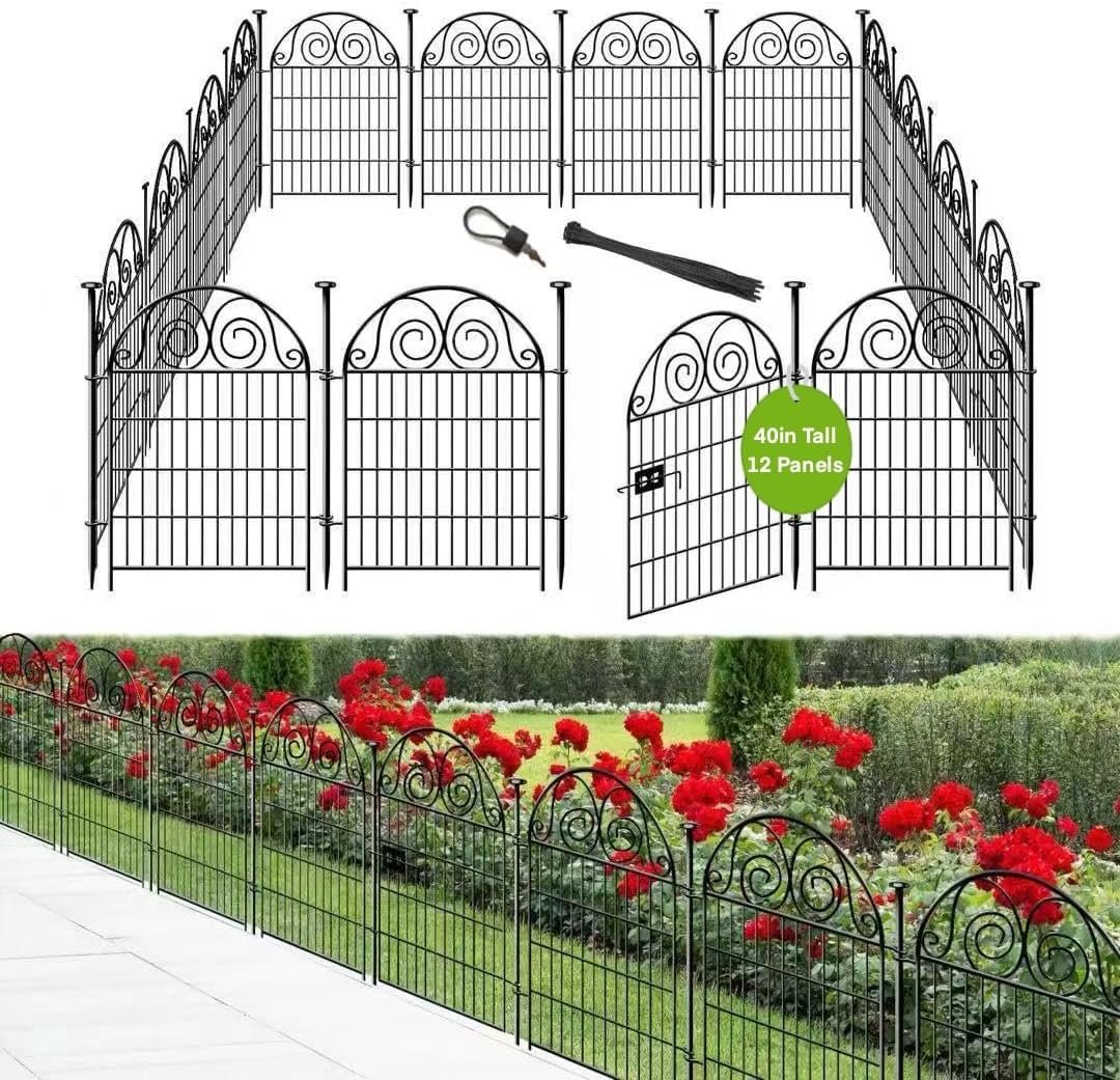 Tall Garden Fence Animal Barrier with Gate, 40 in(H) 12 Panels Garden Fences and Borders for Dogs, Dog Fence Outdoor for Yard, Total Length 26.2 Ft Metal Temporary Fencing│Patented