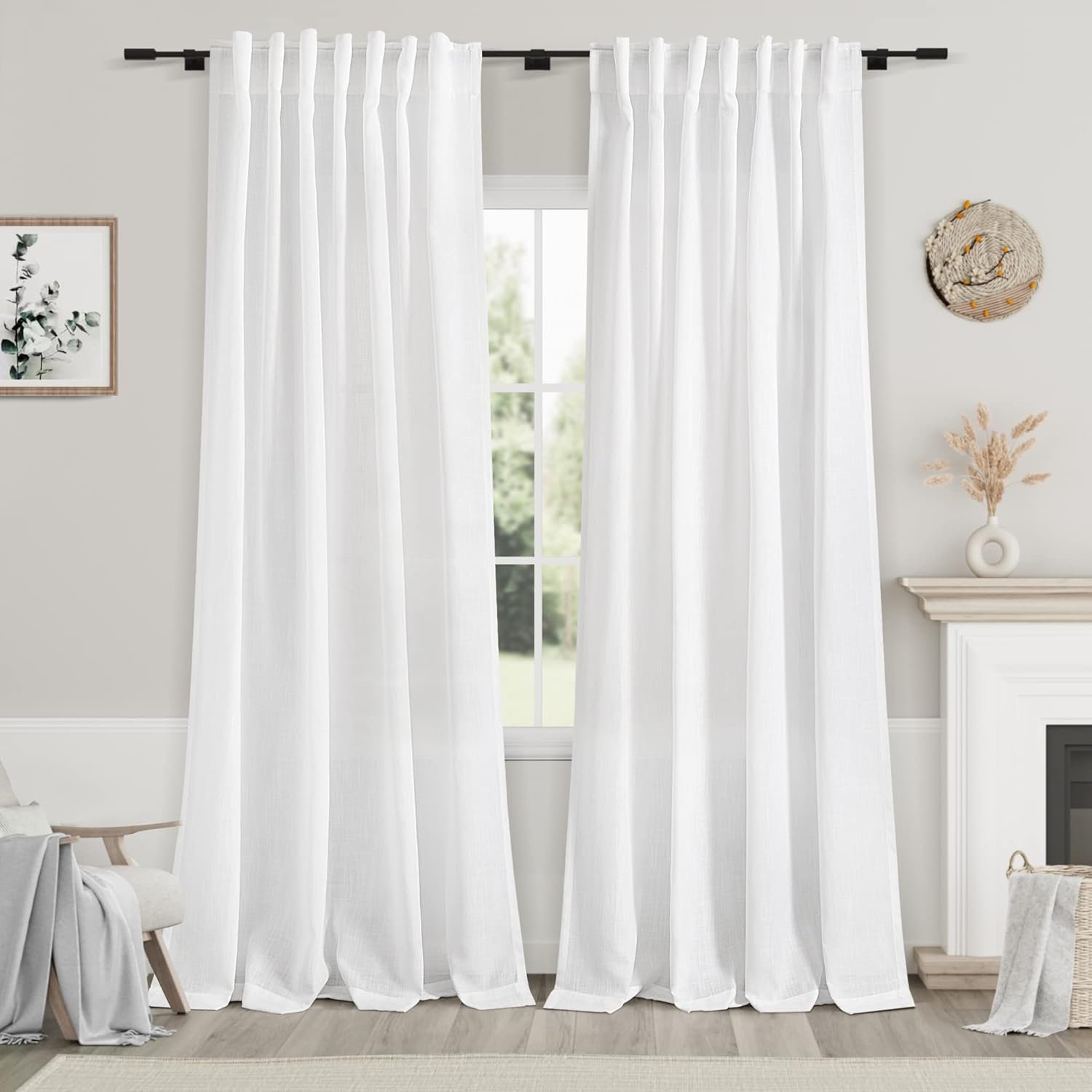 White Linen Curtains 84 inches Long for Bedroom Back Tab Light Filtering Privacy Sheer Modern Farmhouse Coastal Decor Off Cotton Textured Gauze Curtain Living Room 2 Panel Set