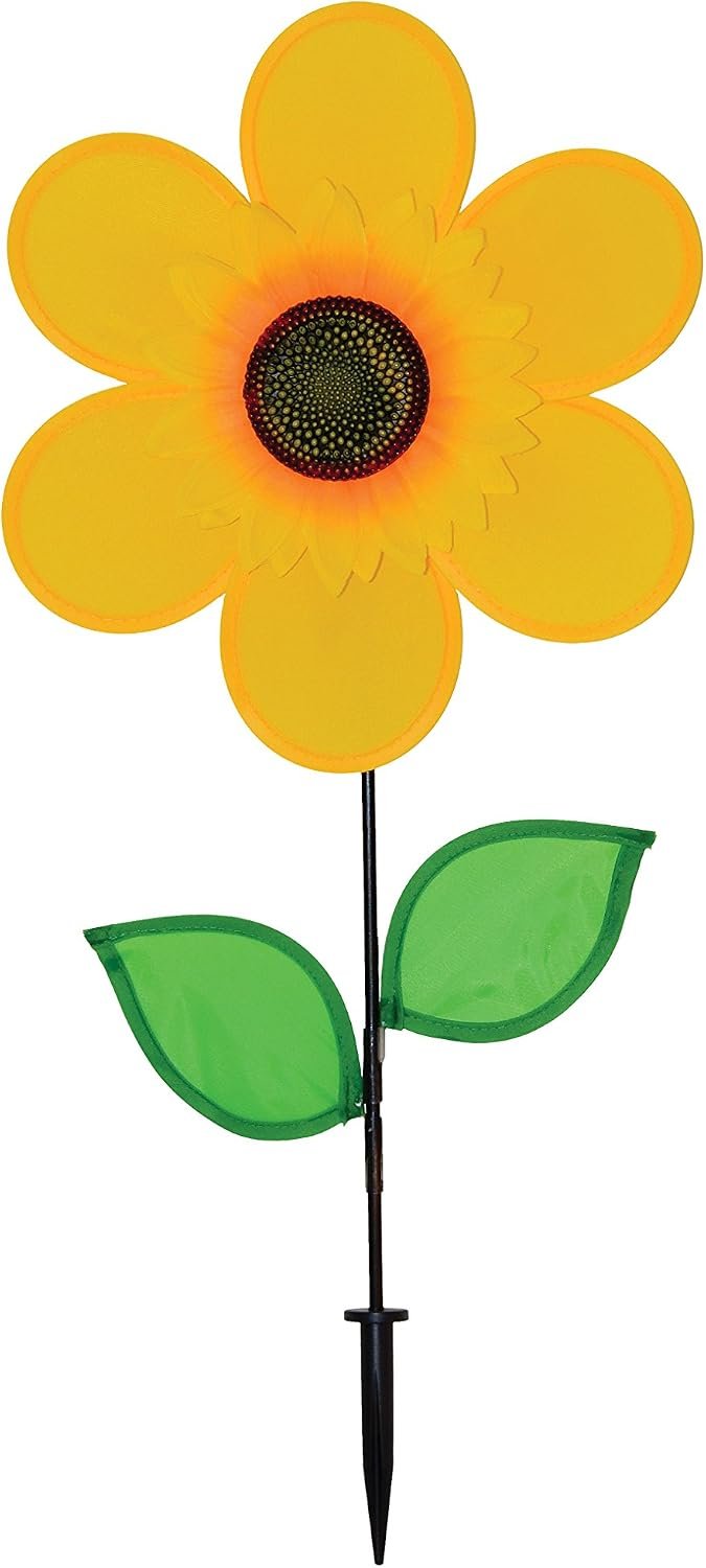 In the Breeze 2791 — 12-inch Yellow Sunflower Wind Spinner with Leaves — Colorful Flower for Yard and Garden