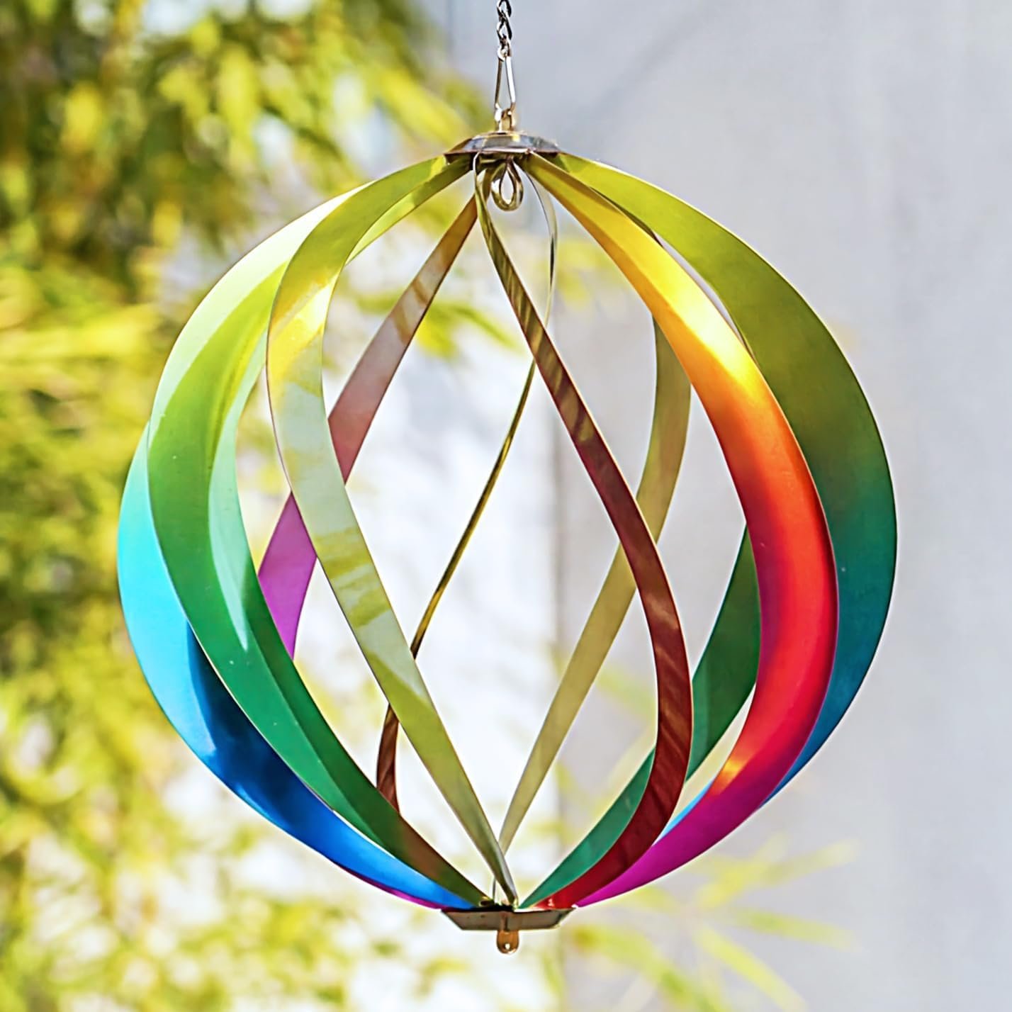 12″ Hanging Wind Spinners Outdoor Assembly Required Rainbow 3D Metal Ball | DIY Decor for Garden Yard Patio & Porch, Dual Hooks for Accessories, Weatherproof, Rust-Resistant