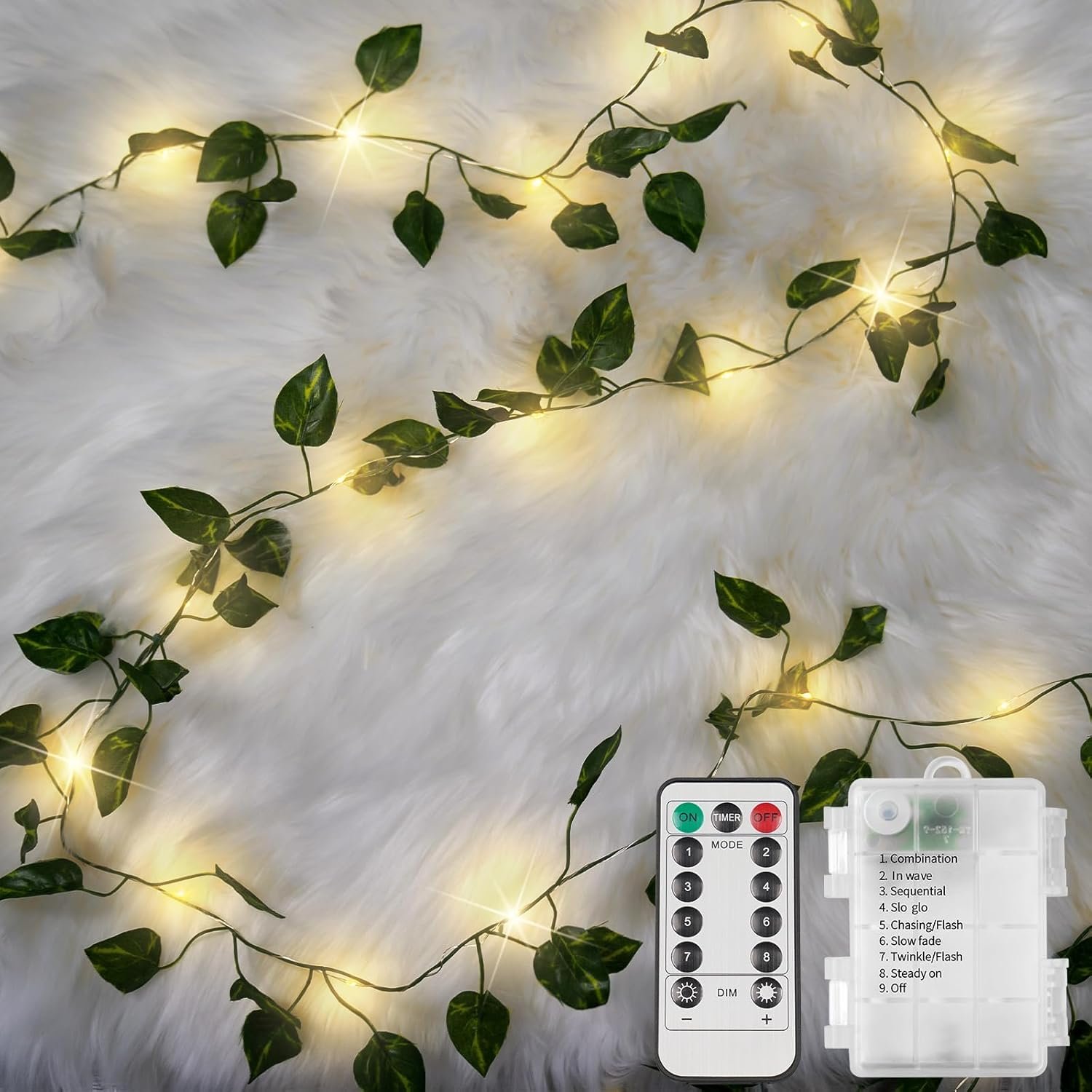 33FT 100LED Pothos Vine Fairy Lights Battery Operated Copper Wire | String Lights with Remote,Leaf Lights for Bedroom,Dorm,Wedding,Party, Garden,Wedding,Classroom Decor (Warm White)