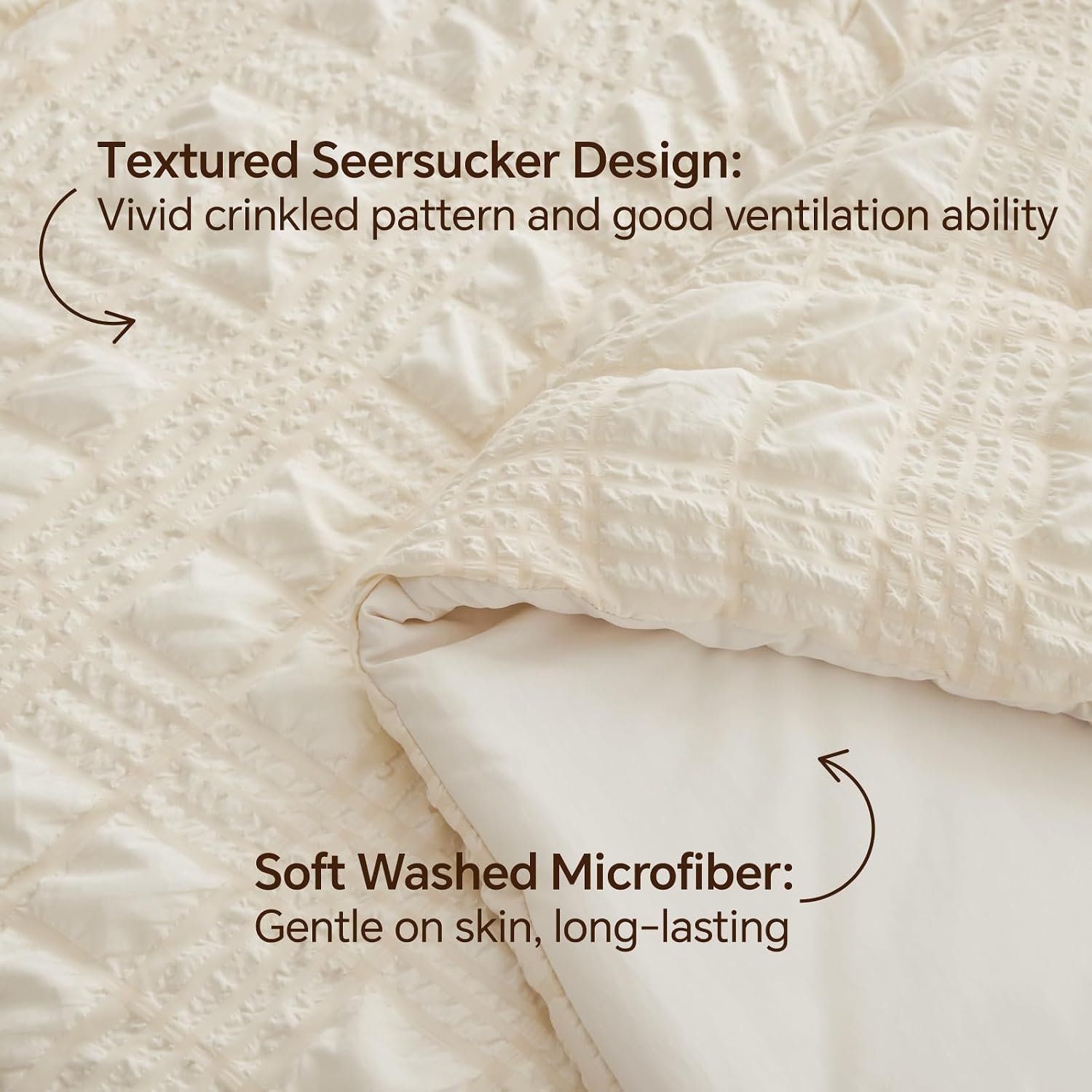 BEDELITE Queen Comforter Set, Seersucker Bedding Set 3 Pieces, Cream | All Season Use, Machine Washable, Soft and Lightweight, Ruched Comforter for Bedroom, Wrinkle-Resistant, Cozy and Stylish