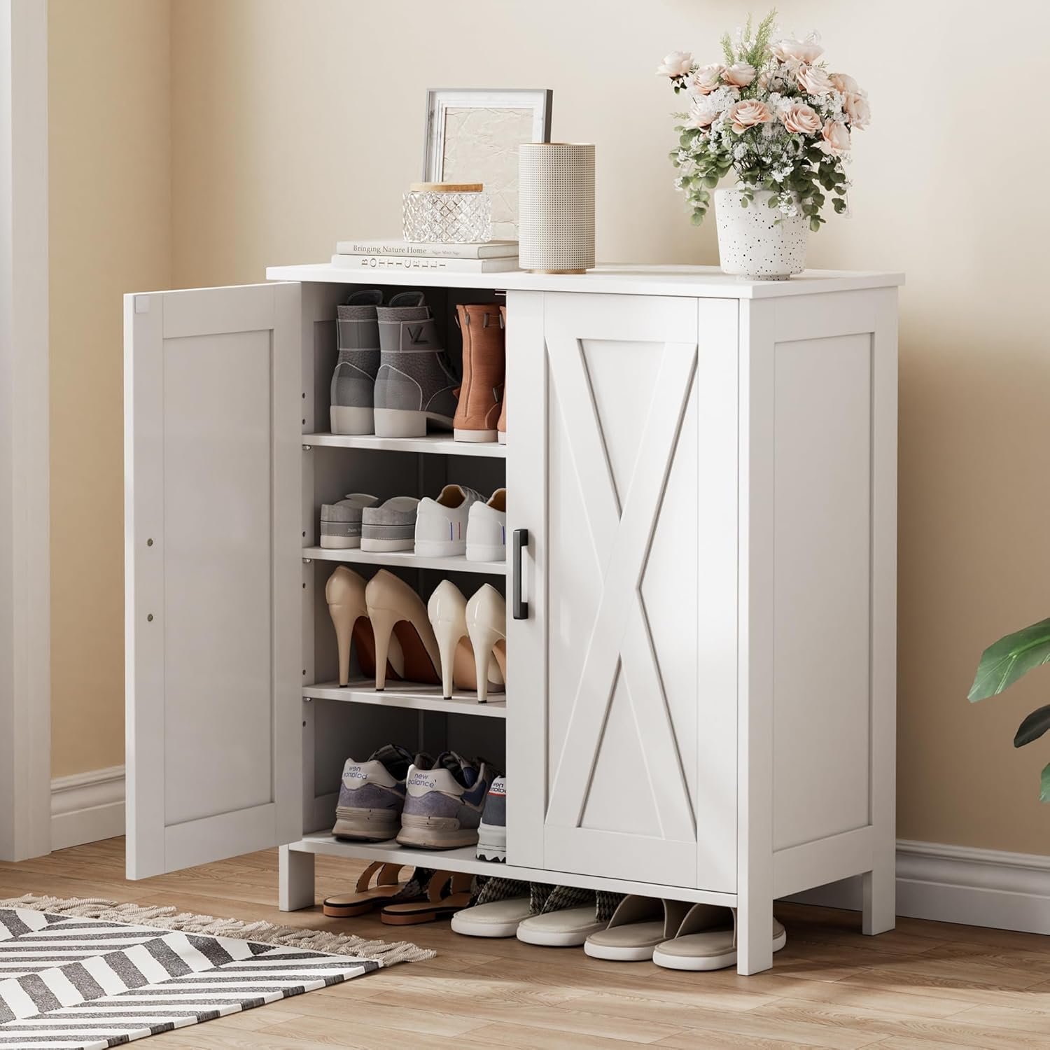 Homleke Farmhouse Shoe Cabinet with 2 Barn Doors & Wood Legs | Tall 4-Tier Shoe Storage Cabinet, 3 Adjustable Shelves, Shoe Rack Organizer, for Entryway, Hallway, Closet, White