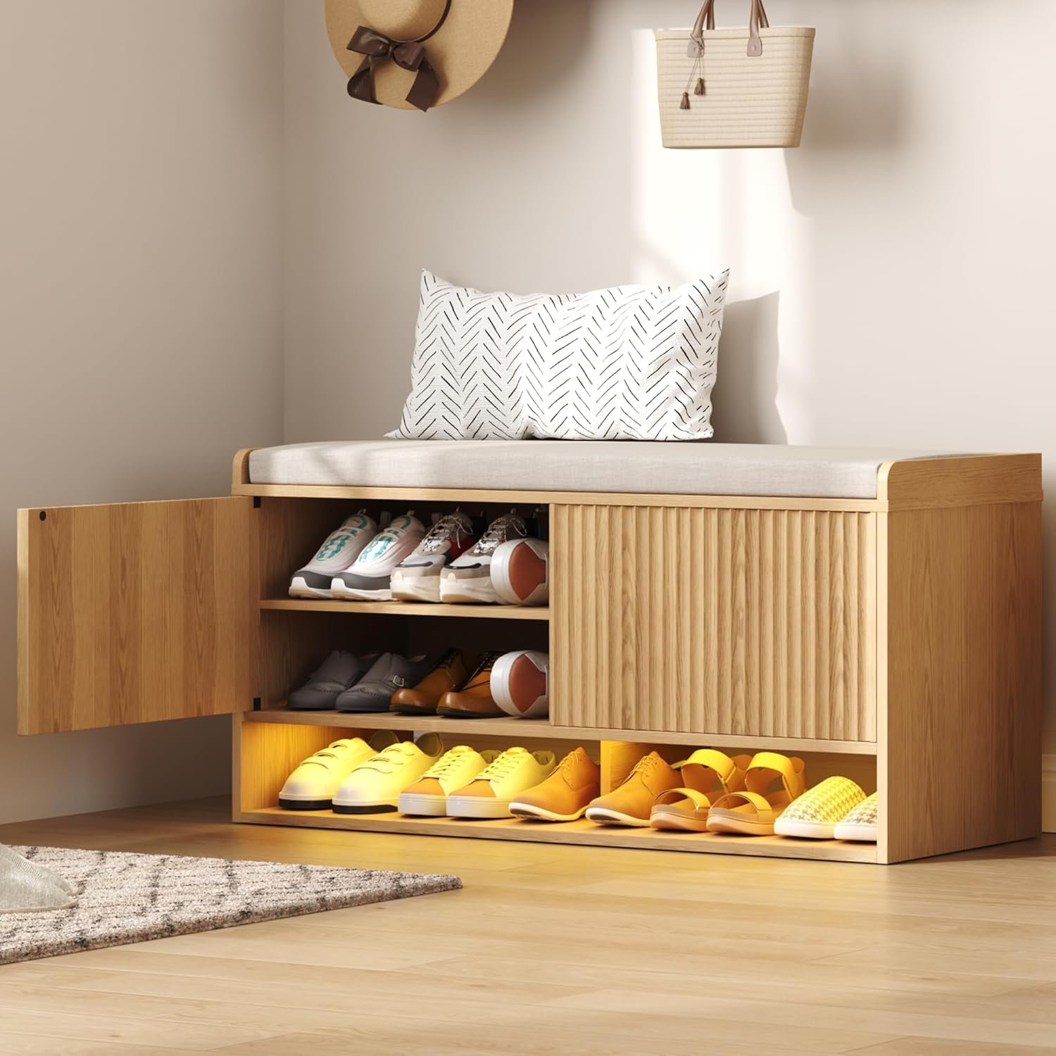 HOMEFORT 39.4″ Fluted Shoe Storage Bench, Entryway Bench with Linen Seat Cushion, Shoe Cabinet Bench with Adjustable Shelf and Built-in LED Sensor Light, Bench for Bedroom End of Bed, Natural Oak