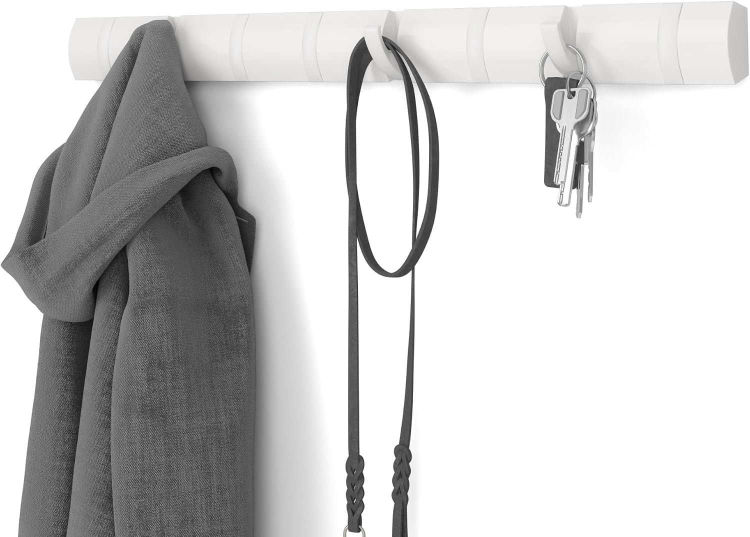Umbra Flip Coat Rack, Wall Mount 8-Hook, Space Saving, White/Nickel | Real wood and steel build, retractable hooks fold flat, holds coats bags and scarves, easy install