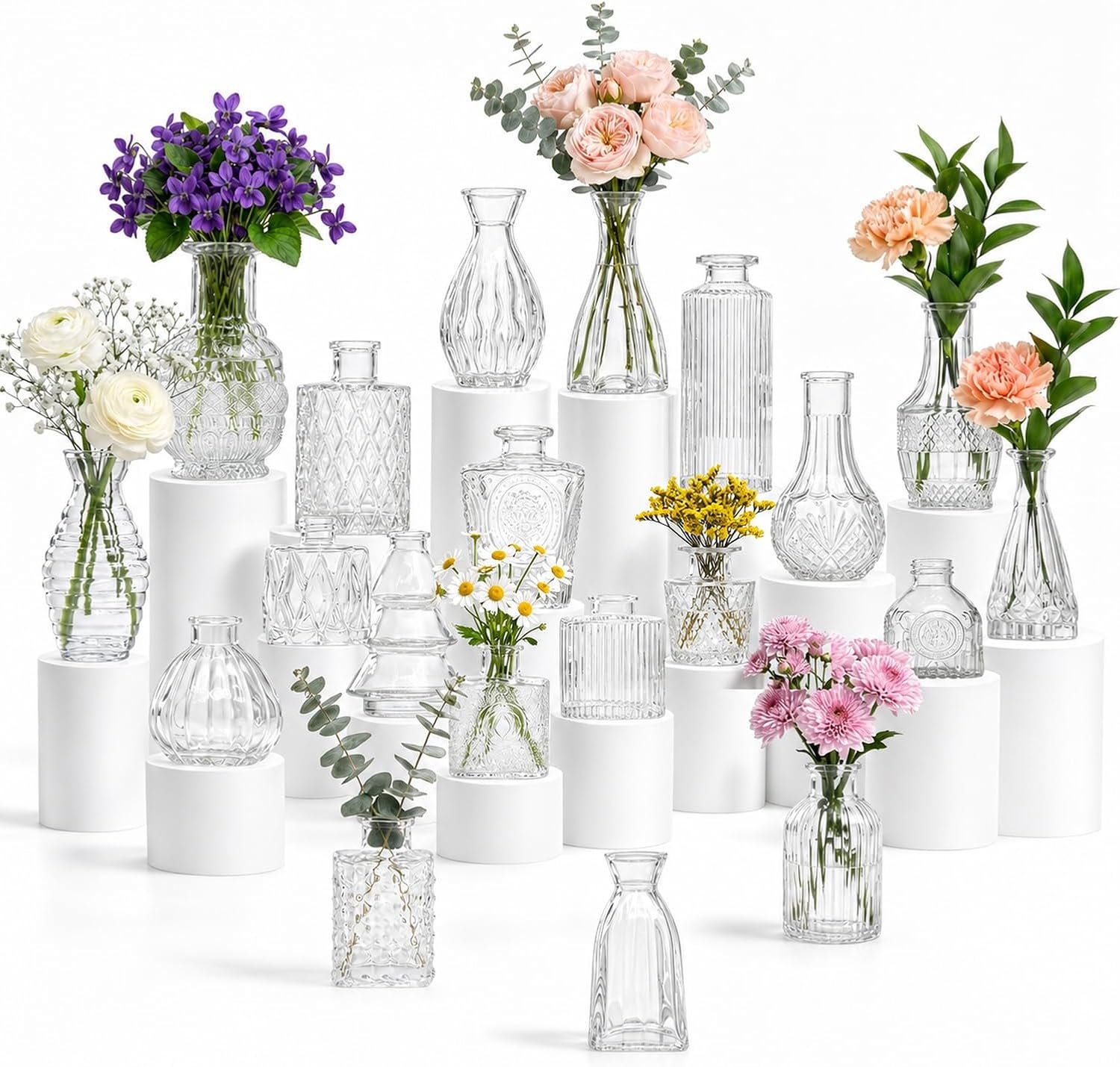 20 Pcs Clear Glass Bud Vases, Small Vintage Bud Vase Set for Flowers, Mini Glass Vases for Centerpieces, Wedding Decor, Baby Shower, Table Decorations, Home Decor, 3.1″-5.1″