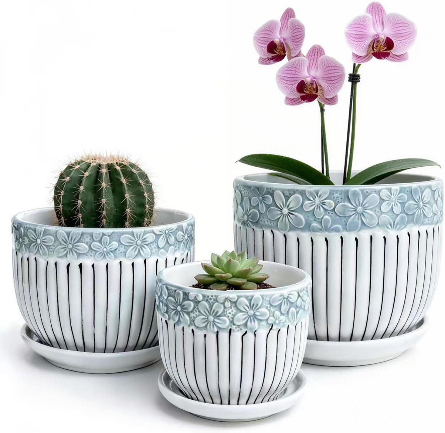 Vintage Flower Pots for Indoor Plant, Round Ceramic Plant Pots with Drainage Holes and Saucers, 6.7/5.2/3.9 Inches Retro Flower Planters Set of 3