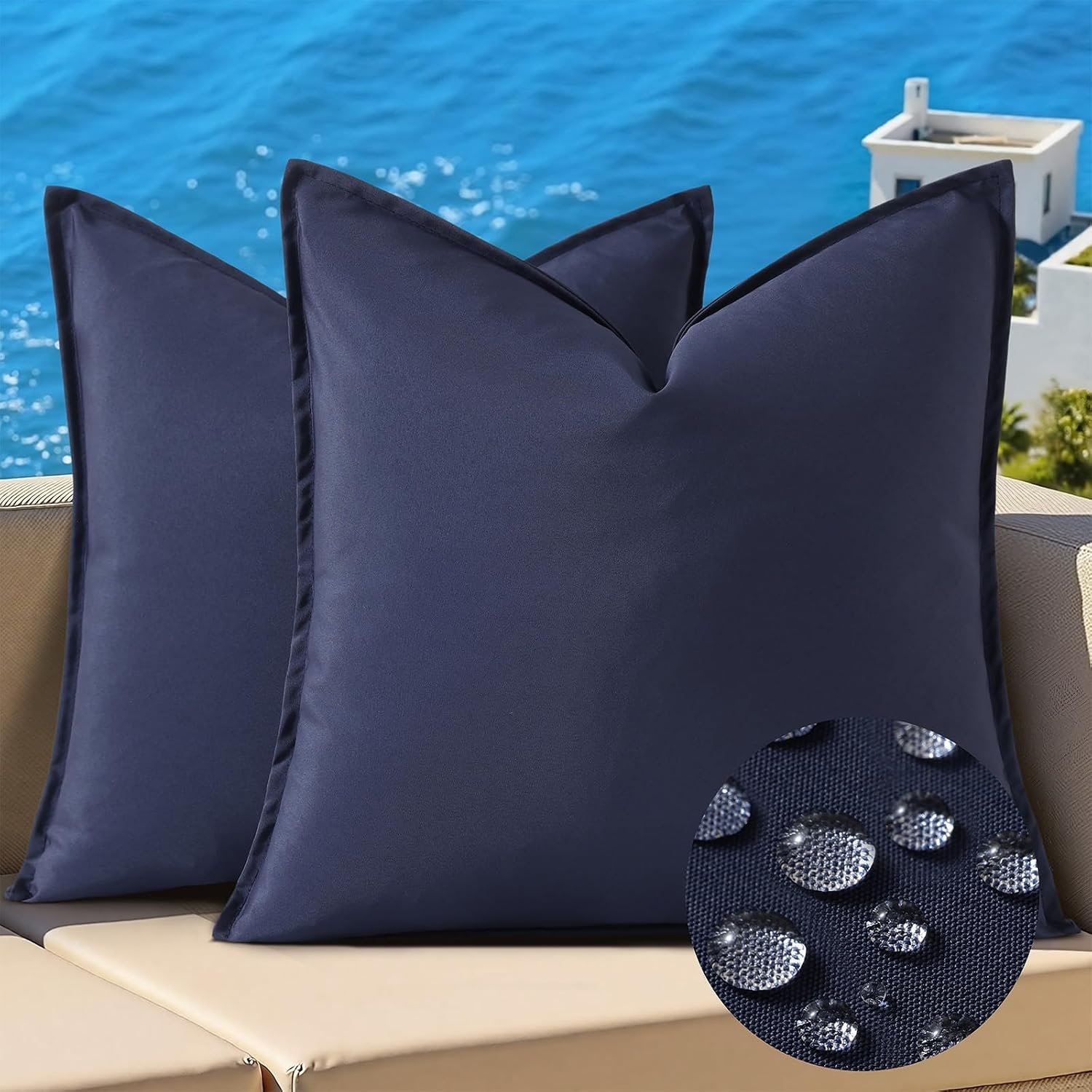 decorUhome Outdoor Waterproof Faux Linen Throw Pillow Covers 18×18 Set of 2 | Navy Blue Decorative Modern Farmhouse Solid Pillow Cases with Flange Edges for Couch Sofa Garden Patio Balcony Tent Porch