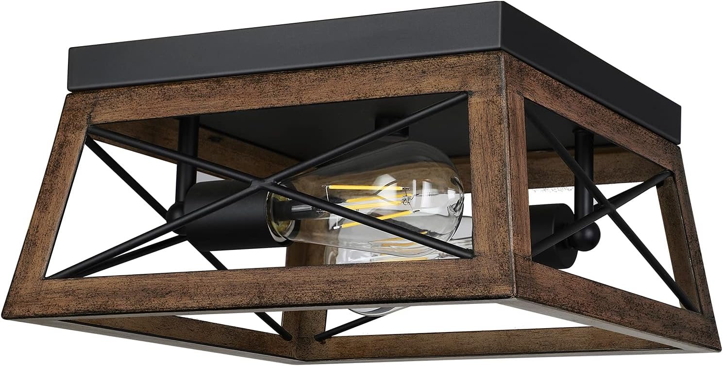 DEWENWILS Farmhouse Flush Mount Ceiling Light with Wood Grain Finish, 2-Light Metal Light Fixture for Kitchen Hallway Entryway Porch | Hardwired, E26 Base, Open-Caged, Metal Fixture for Kitchen, Hallway, Entryway, Porch